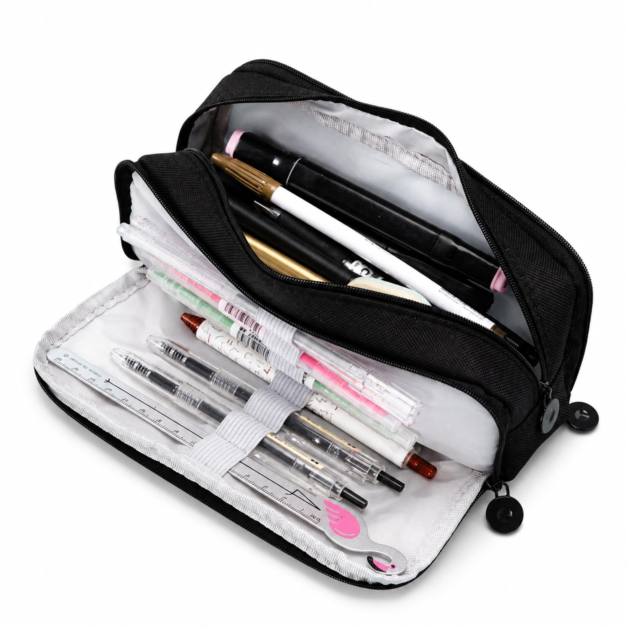 Black Polka Dot Pencil Case, Multi Compartment Canvas Pencilcases (Black)