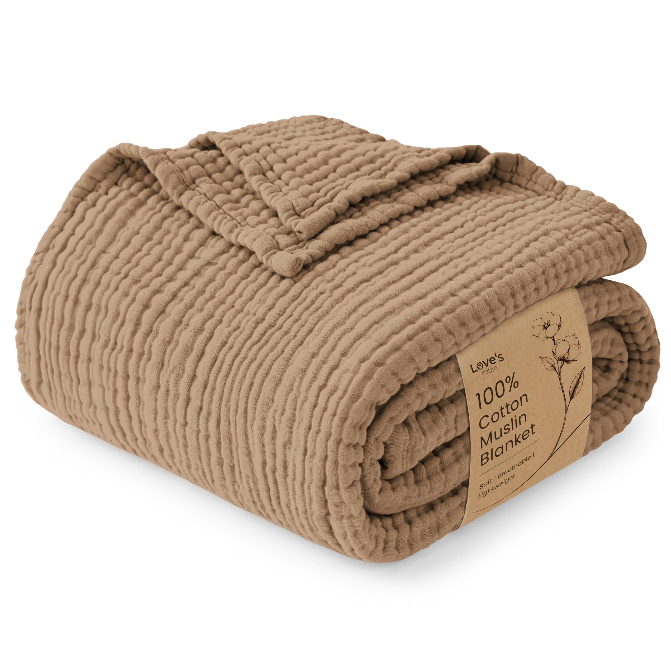 Love's cabin 100% Cotton Muslin Blanket Queen Size for Bed, Light Brown — image 1