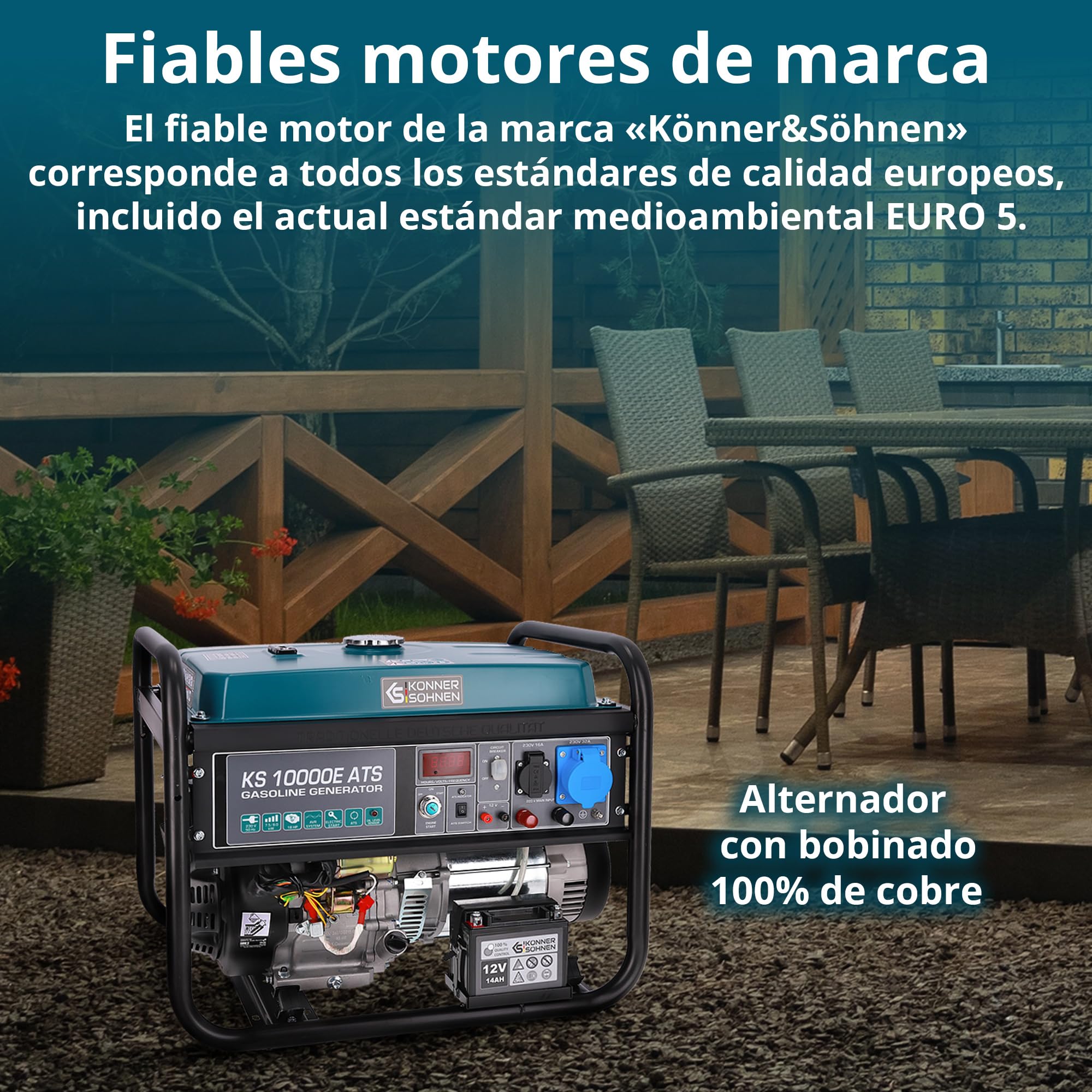 Generador de gasolina KS 10000E ATS con sistema ATS incorporado de una potencia máxima 8000 W, arranque manual/eléctrico/automático, 1x16A, 1x32A (230V), motor original EURO 5