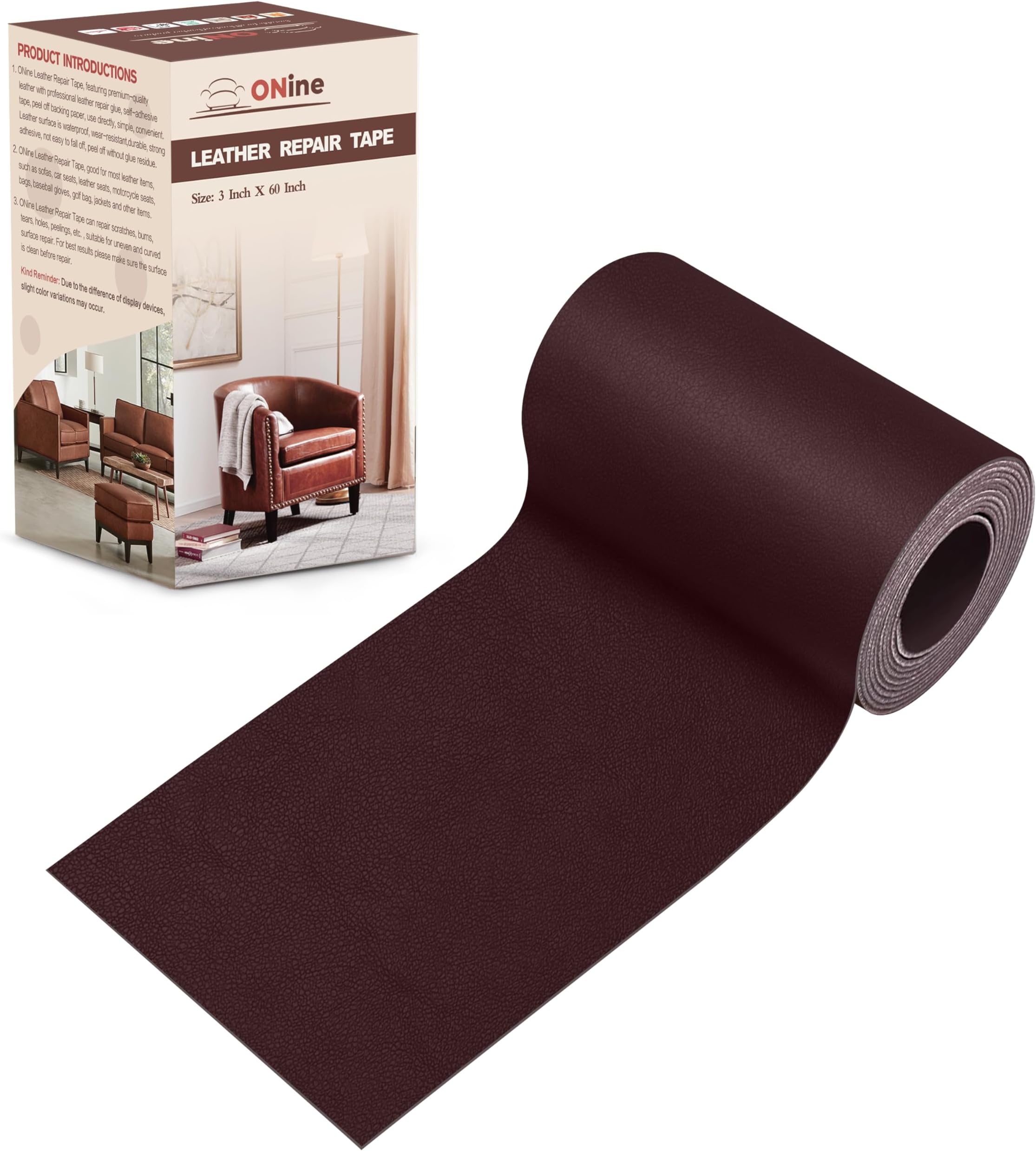 ONine Leather Repair Patch,Leather Repair Tape, 3 x 60 inches Leather Repair Patch for Furniture,Vinyl Repair Kit,Leather Couch Patch,for Sofas, Furniture, Car Seats, Office Chairs(Mulberry)
