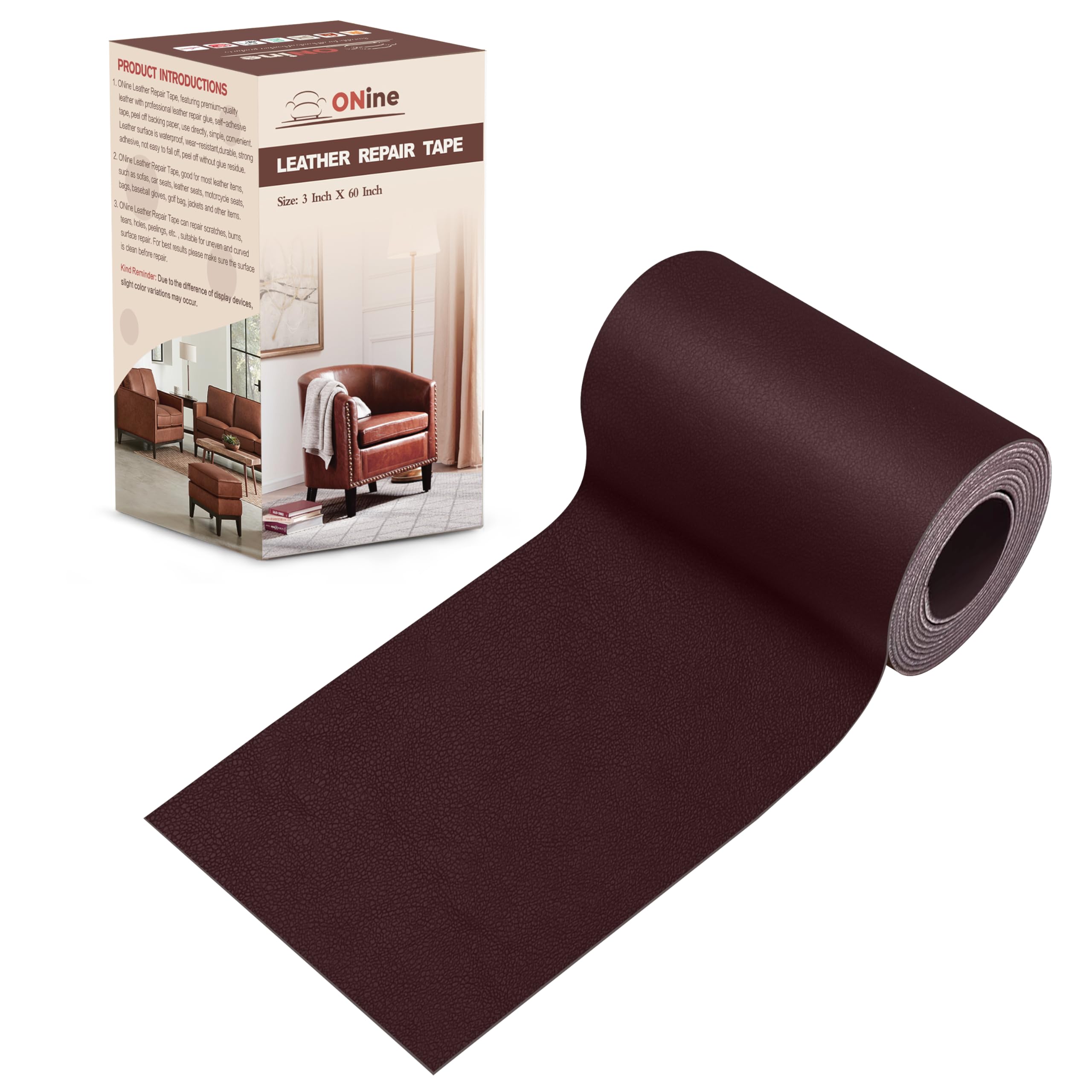 ONine Leather Repair Patch，Leather Repair Tape, 3 x 60 inches Leather Repair Patch for Furniture,Vinyl Repair Kit，Leather Couch Patch，for Sofas, Furniture, Car Seats, Office Chairs(Mulberry)