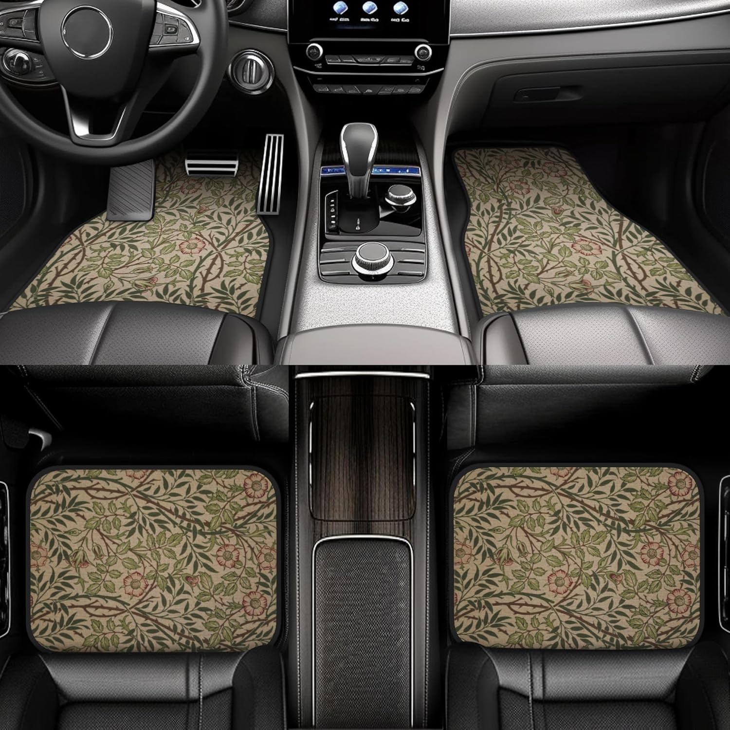 Luxury Car Floor Mats Full Set | Car Decor for Men Women | Vintage Floral William Morris Pattern | Heavy Duty All-Weather Universal Rubber Liners | Non-Slip & Odor-Free