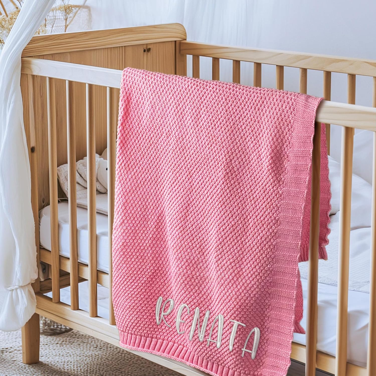 Personalized Knit Baby Name Blanket, Custom Baby Blanket with Embroidery, Soft Cotton Knitted Nursery Blanket, Car Seat Blanket, Strollers Blanket for Newborn Boy Girl