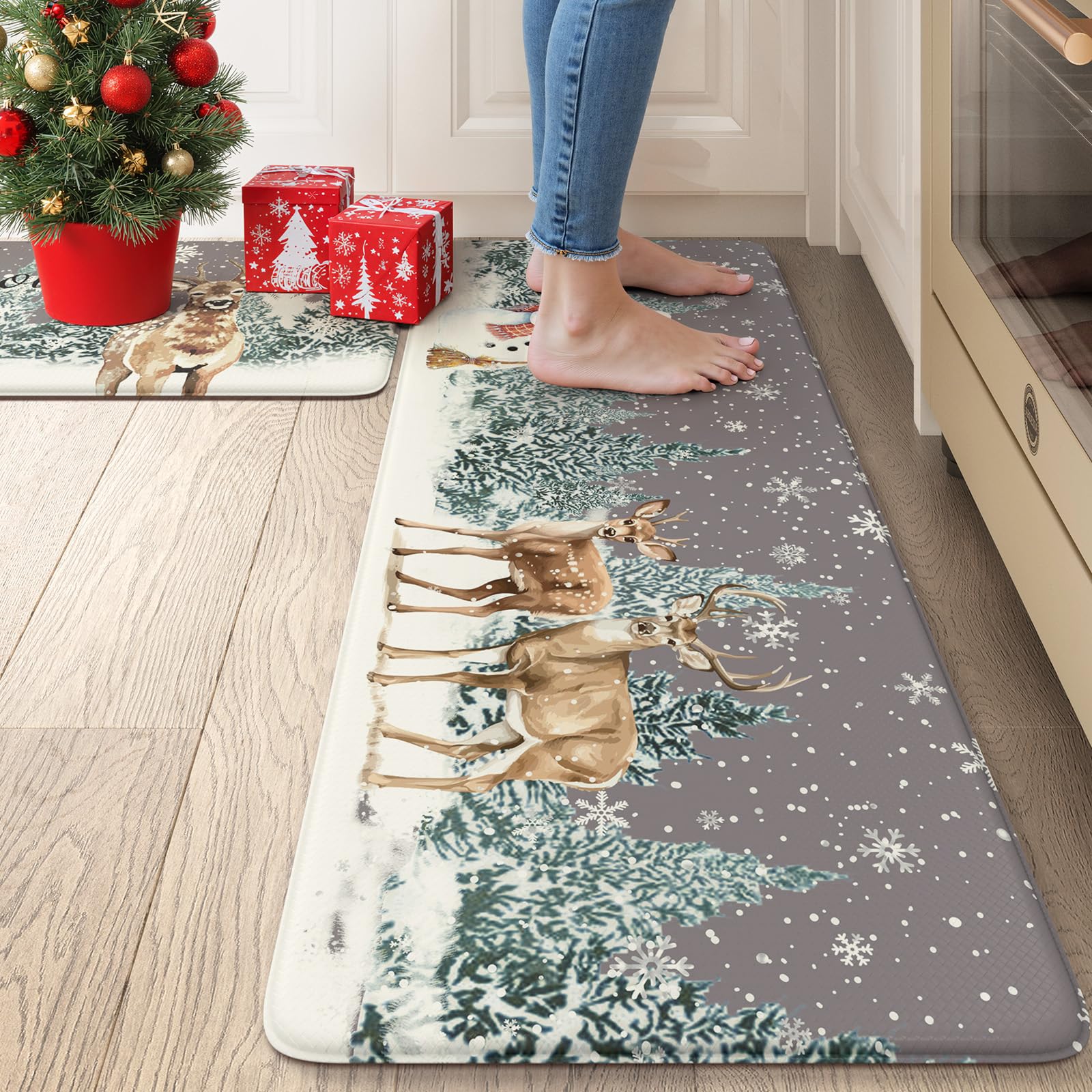 Collive Christmas Snowman Kitchen Mats, Cushioned Anti Fatigue Winter Xmas Tree Kitchen Rugs Sets of 2 Waterproof Elk Sink Mat, Non Slip Comfort Standing Floor Rug for Desk Home Decorations, Grey