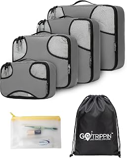 Gotrippin Packing Cubes for Travel, 6 in 1 Water Resistant Travel Organizer Pouch Set (4 Cubes+ Drawstring Bag+ Cosmetic P... — Packing Organizers