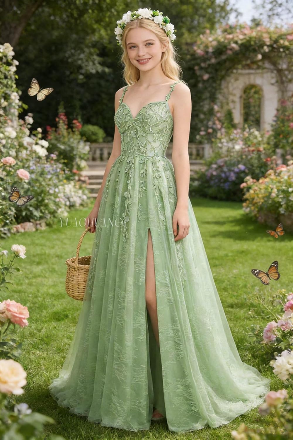 YUAOHUANG Lace Applique Tulle Prom Dresses for Women 2026 Spaghetti Straps Ball Gown Formal Evening Party Gown with Slit