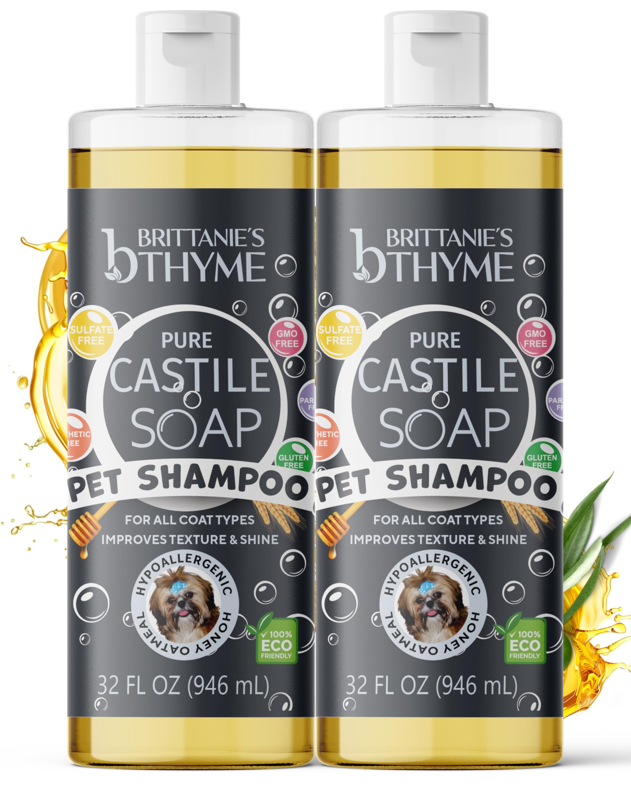 Brittanie's Pure Castile Dog Shampoo - 32oz 2 Pack | Gentle Shampoo + Conditioner for Dogs & Cats | Improves Coat | for Allergies and Itching |