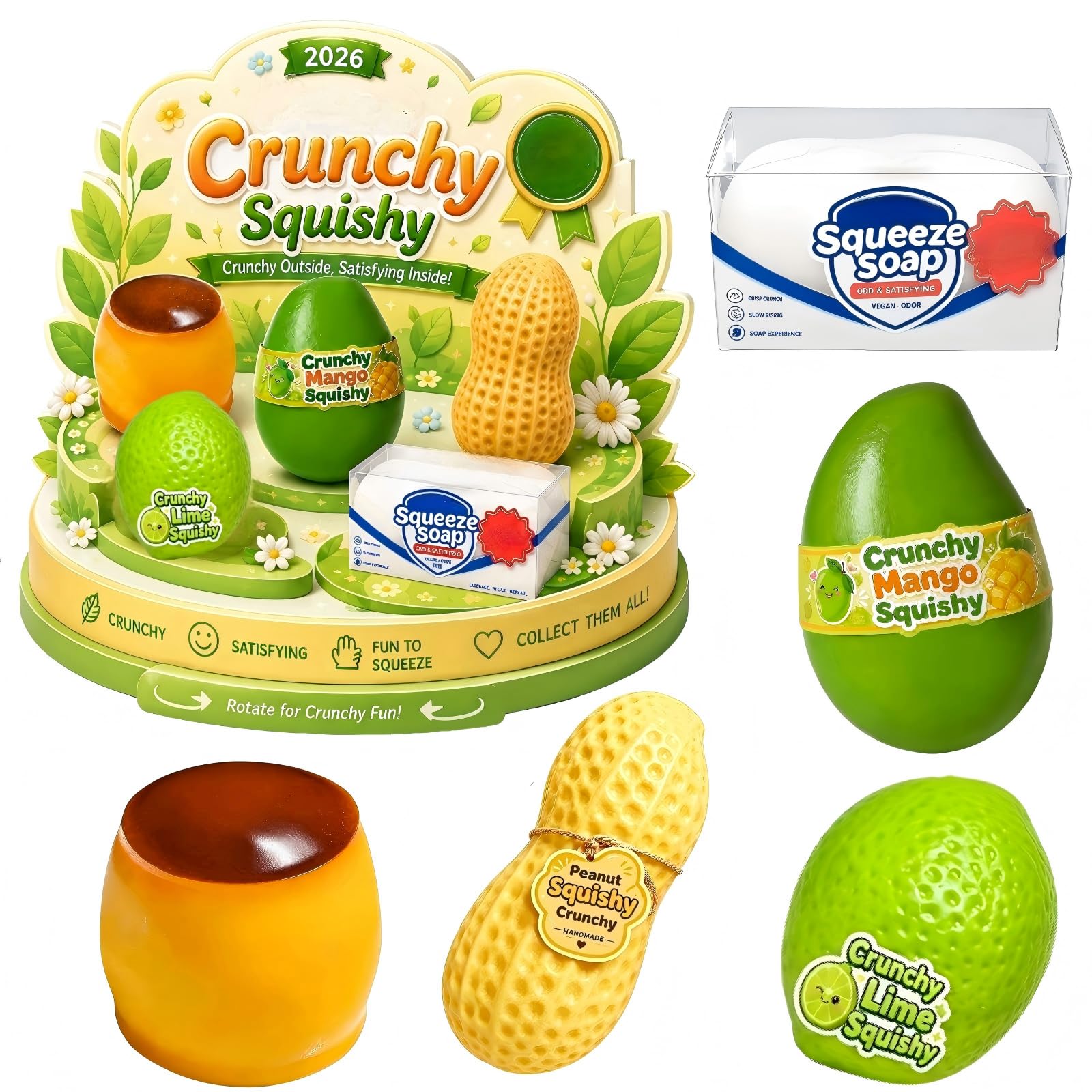 5PCS Crunchy Squishy Mango Soap Peanut Pudding Potato Stress Ball Set ASMR Bead Filled Realistic Food Shape Slushy Squeeze Fidget Squishies for Office Desk Home Travel，C