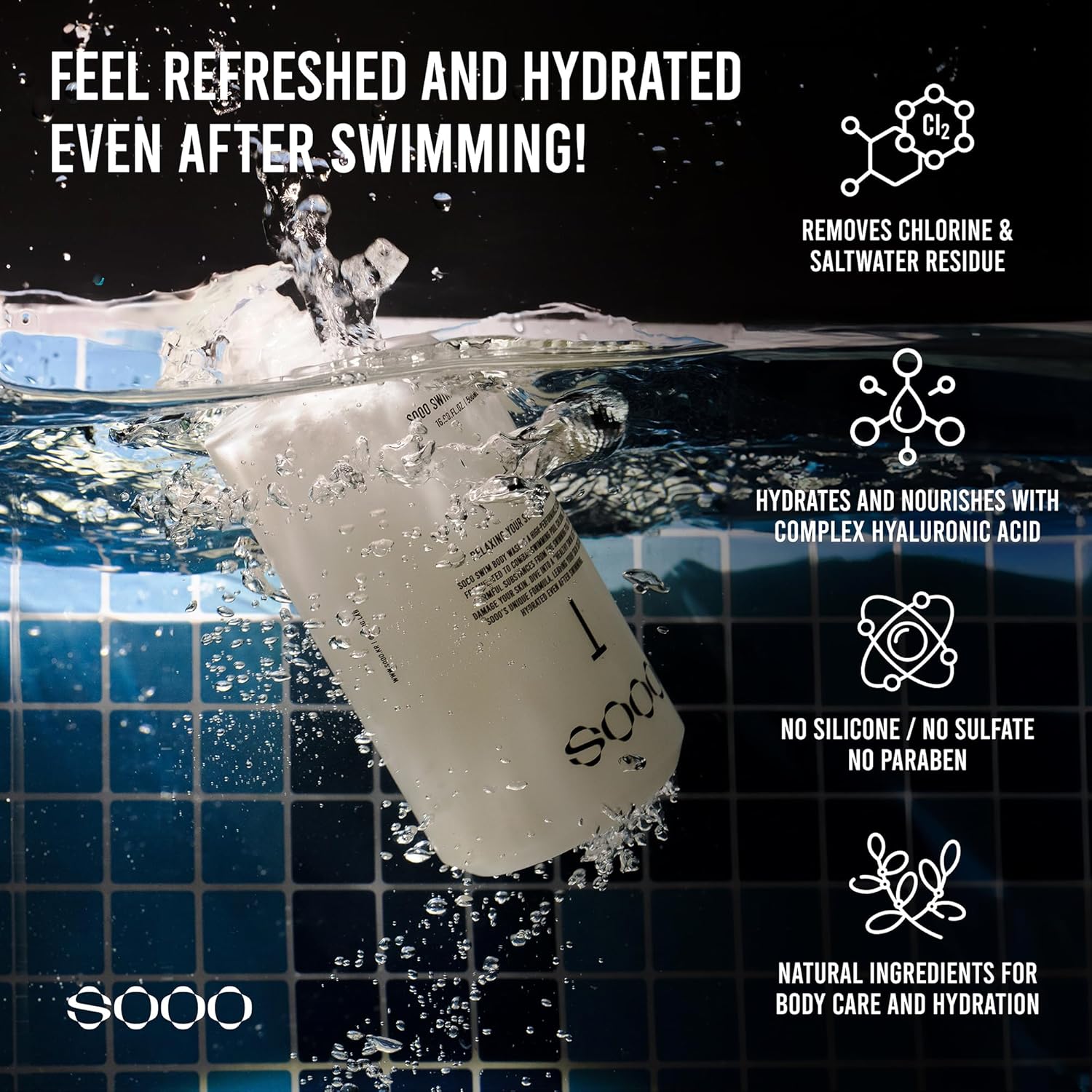 SOOO Swim Shampoo & Body Wash Set 16.9oz | 2-in-1 Chlorine Removal After-Swim Care for Swimmers | Hydrating & Moisturizing | Sulfate-Free, Paraben-Free, Silicone-Free | Korean Premium Swim Care