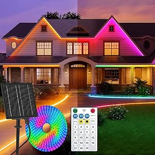 Gaoxun RGBW Solar LED Strip Außen, 15m 960 LED Outdoor Streifen IP65 Wasserdicht mit Fernbedienung, Dimmbar, 19 Modi, Selbstklebend LED Band für Garten, Zaun, Pavillon Deko, Farbwechsel und Warmweiß
