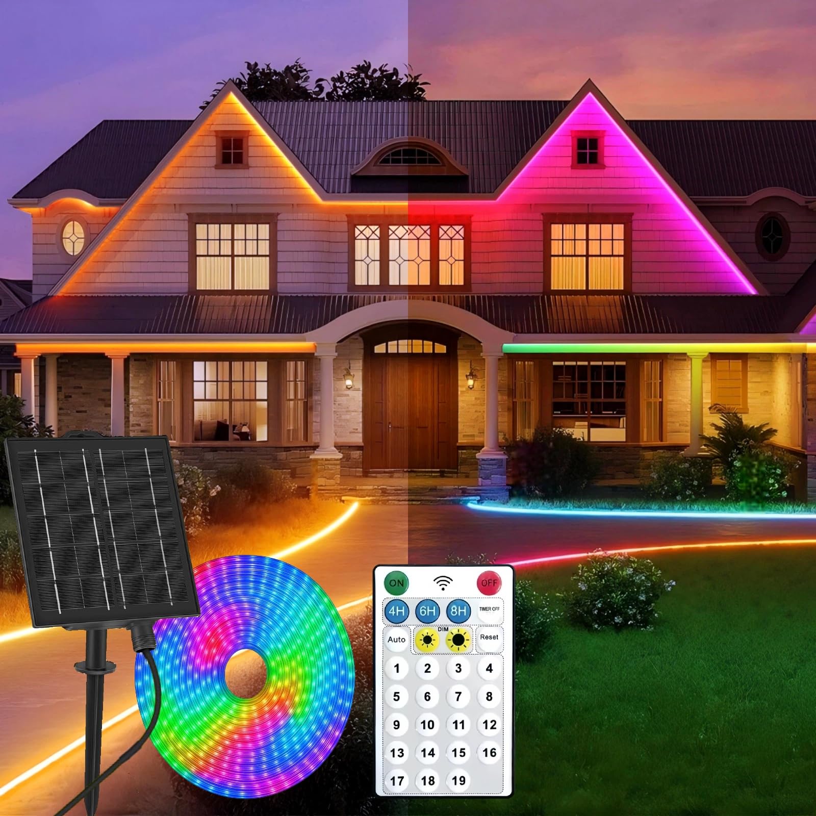 Gaoxun Solar LED Strip Lights Outdoor, 15m Colour Changing Solar Powered Flexible Lights Strip with Remote, Dimmable, 19 Modes 960 LED, IP68 Waterproof for Gazebo Patio Decor, Multicolor & Warm White