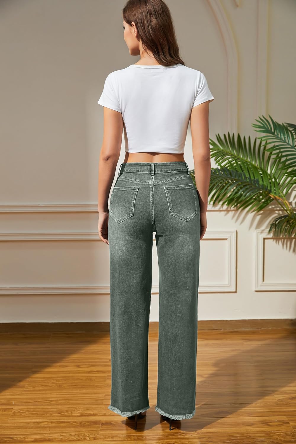 Guaile Women’s Wide Leg Jeans High Waisted Strechy Jeans for Women Straight Raw Hem Loose Casual Denim