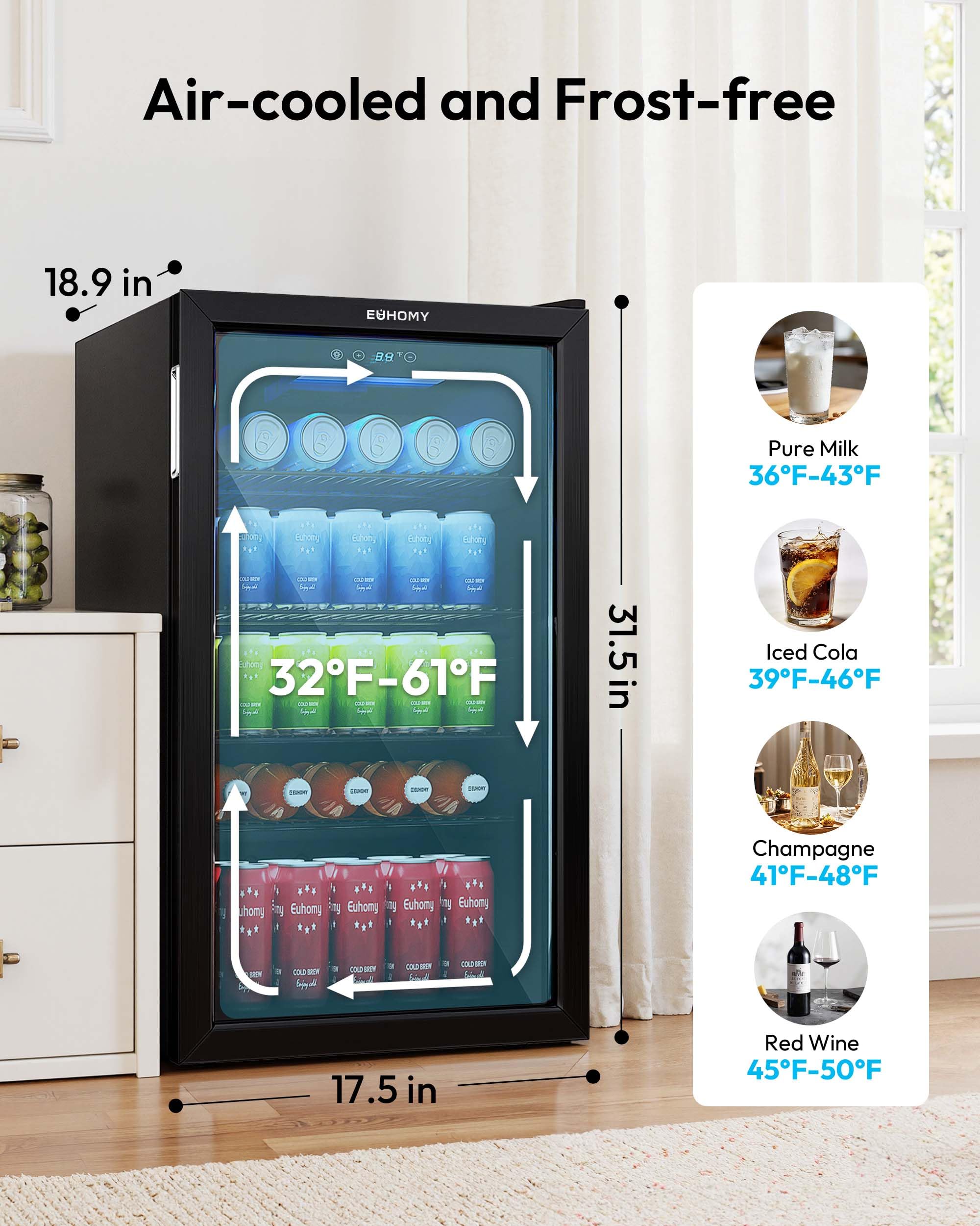Euhomy Mini Fridge 130 Can Beverage Refrigerator Cooler Glass Door For Soda Wine Beer, Beverage Cooler For Home, Bar, Office With Digital Temperature Control Adjustable Shelves, 3.2 Cu.Ft, Black on Fridge.com - View 4