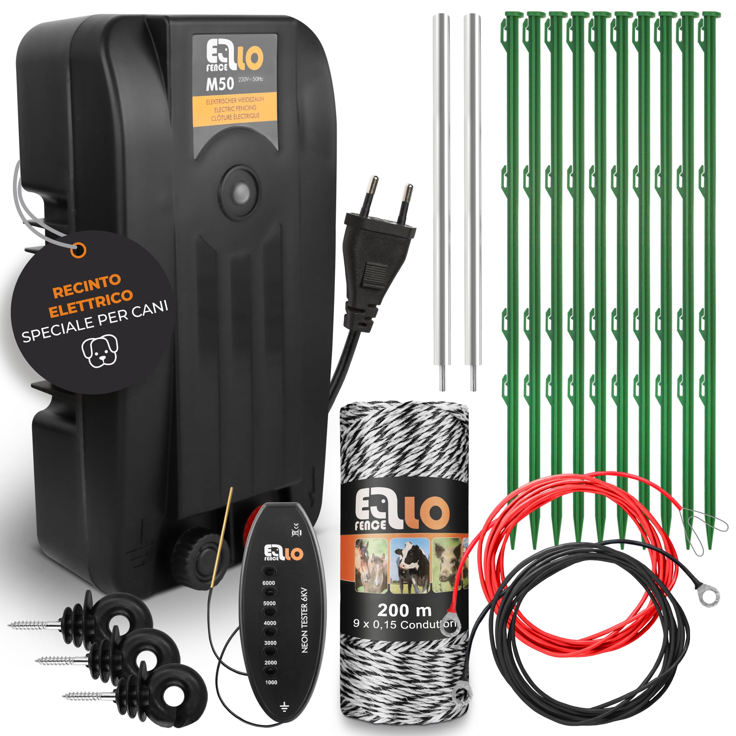 Kit completo per recinto elettrico 200m | Con filo, tester LED e pali | Con elettrificatore, 200m di filo, tester LED, pali e messa a terra | Ideale per piccoli animali