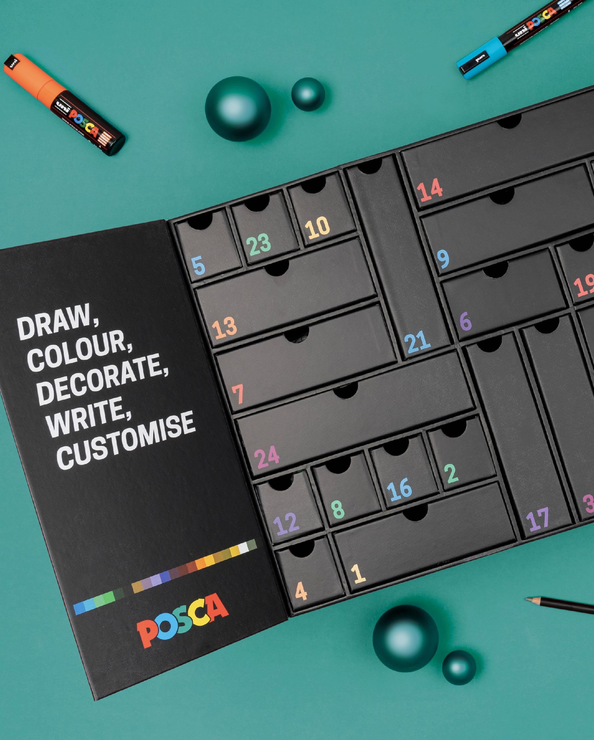 POSCA - Calendario de Adviento 2025 con 24 productos de papelería, papelería escolar, trabajos creativos - Ideas de regalo con cosas para la escuela, rotuladores de punta gruesa y fina, ceras de cera
