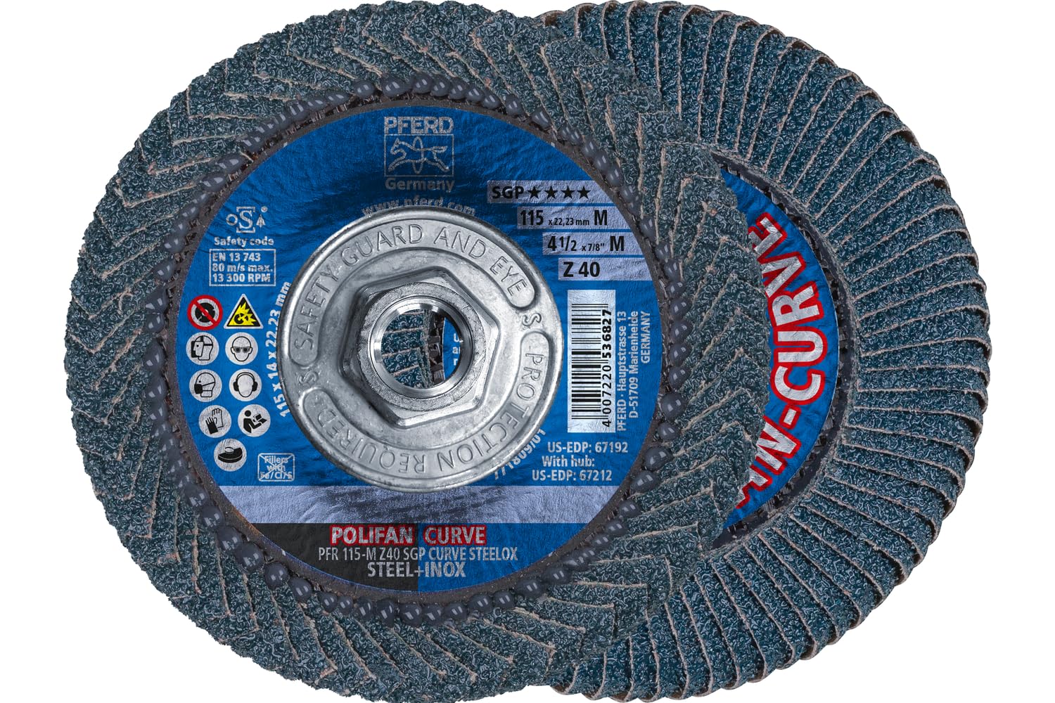 PFERD 67212 Polifan Zirkon Curve Radial Type Flap Disc, Zirconia Alumina, 4-1/2" Diameter, 5/8-11 Thread, 13300 RPM, 40 Grit
