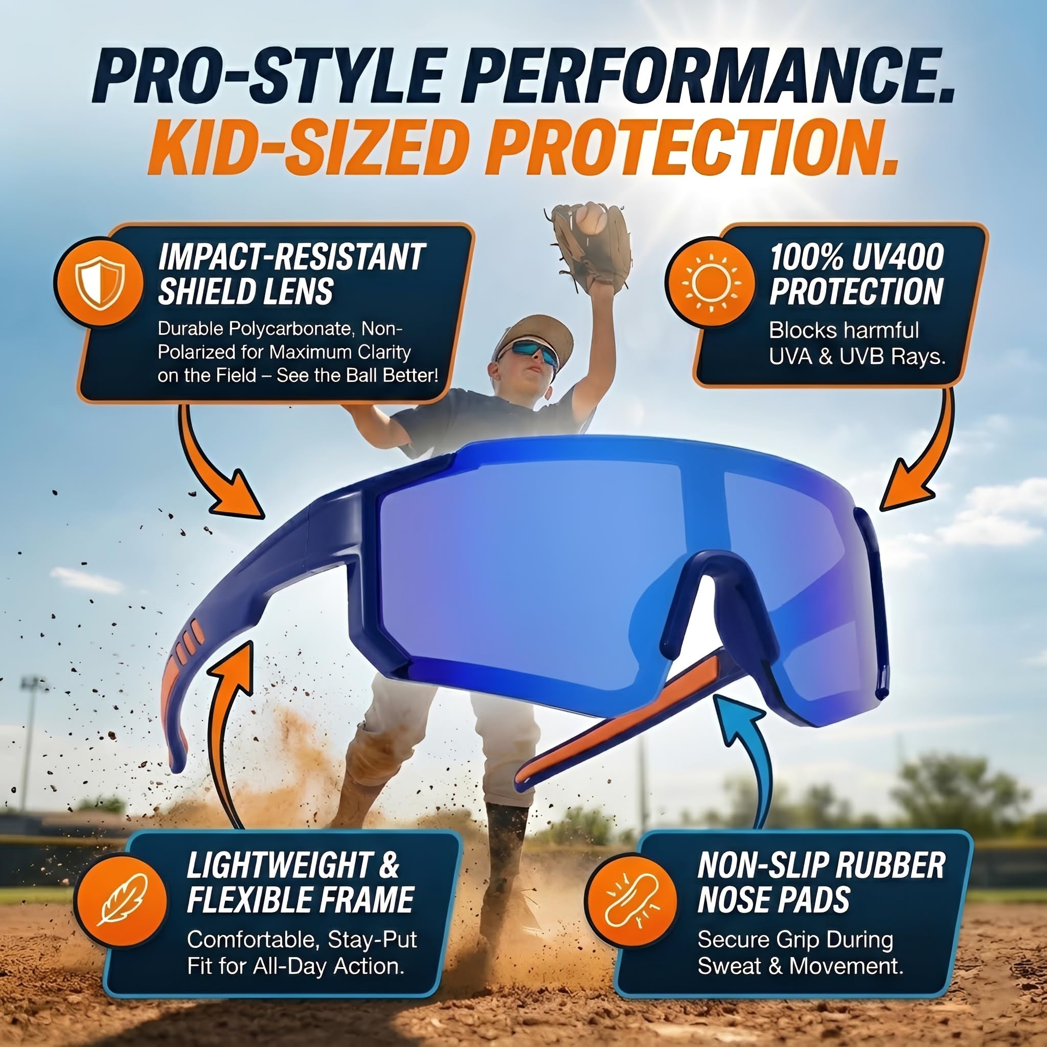 Baseball-Sonnenbrille für Kinder, Jugend-Baseball-Sonnenbrille für Kleinkinder, Jungen, Mädchen, Sport-Softball-Schattierungen, Alter 3–10 Jahre