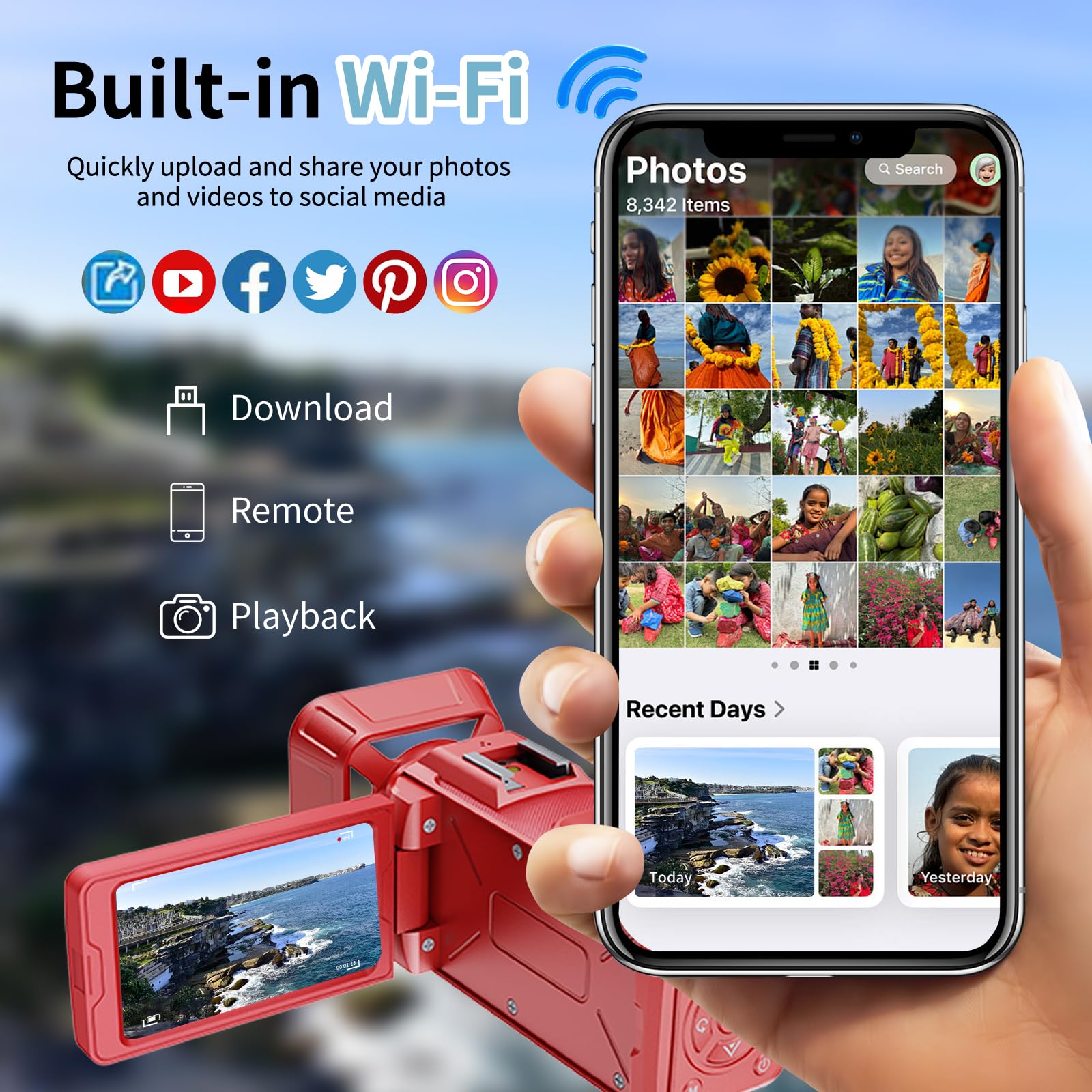 Videocamera 4K 64MP WiFi per YouTube Vlogging, zoom digitale 18X 3 pollici 270 ° Flip Screen, con scheda SD da 32 GB e lettore di schede, batteria integrata da 2500 mAh (rosso)