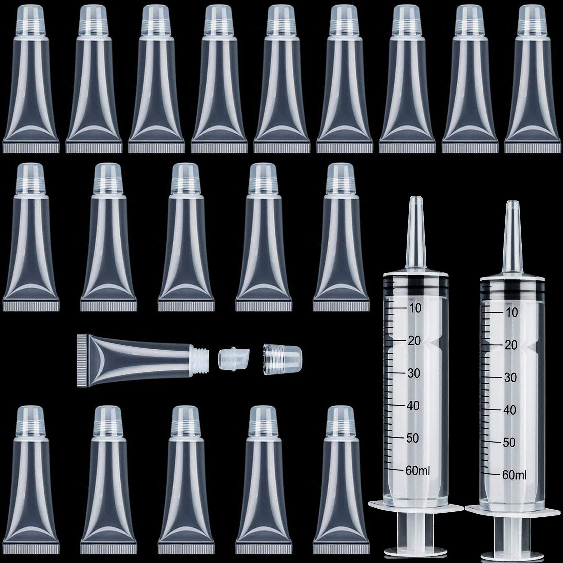 20Pcs 10ml Refillable Empty Lip Gloss Tubes and 2 Packs 60ml Plastic Syringe Dispensing, Mini Clear Empty Lip Balm Containers, for DIY Lip Gloss Balm/Cosmetic