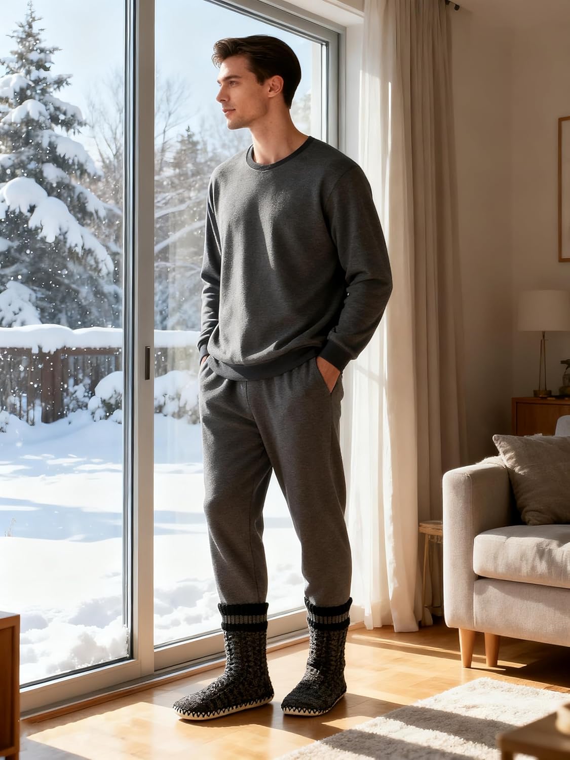 cosyone1997 Men's Slipper Socks, Winter Cable Knit Non-Skid Warm Slipper Socks, Cozy Soft Indoor Socks with Fluffy Sherpa Lined - Image 8