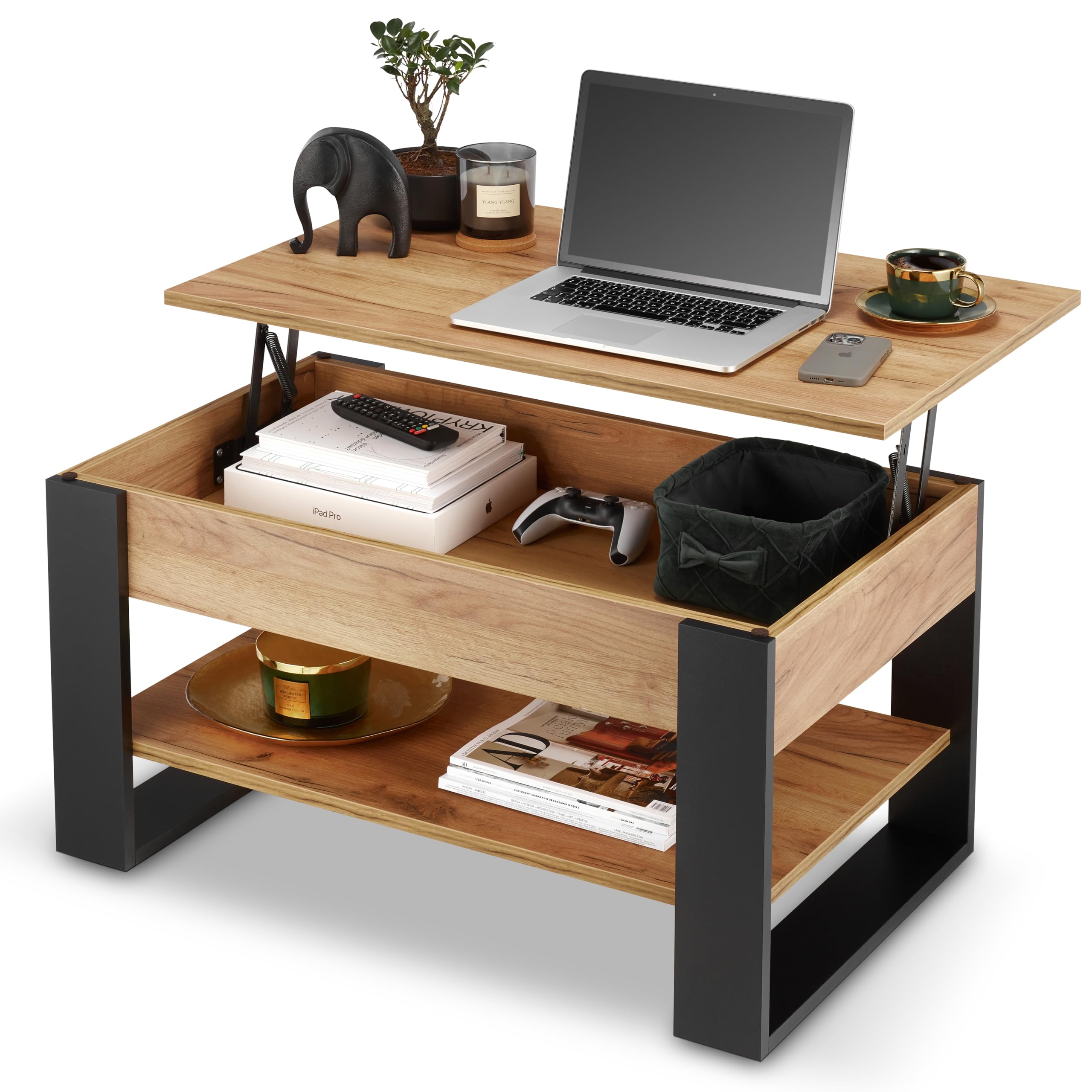 defiPad Table Basse Relevable avec Rangement – Table de Salon Moderne Industriel – Coffee Table avec Étagère et Compartiment Caché – Fabriquée en Europe – Plateau Réglable 45-61 cm (Noir + Chêne)