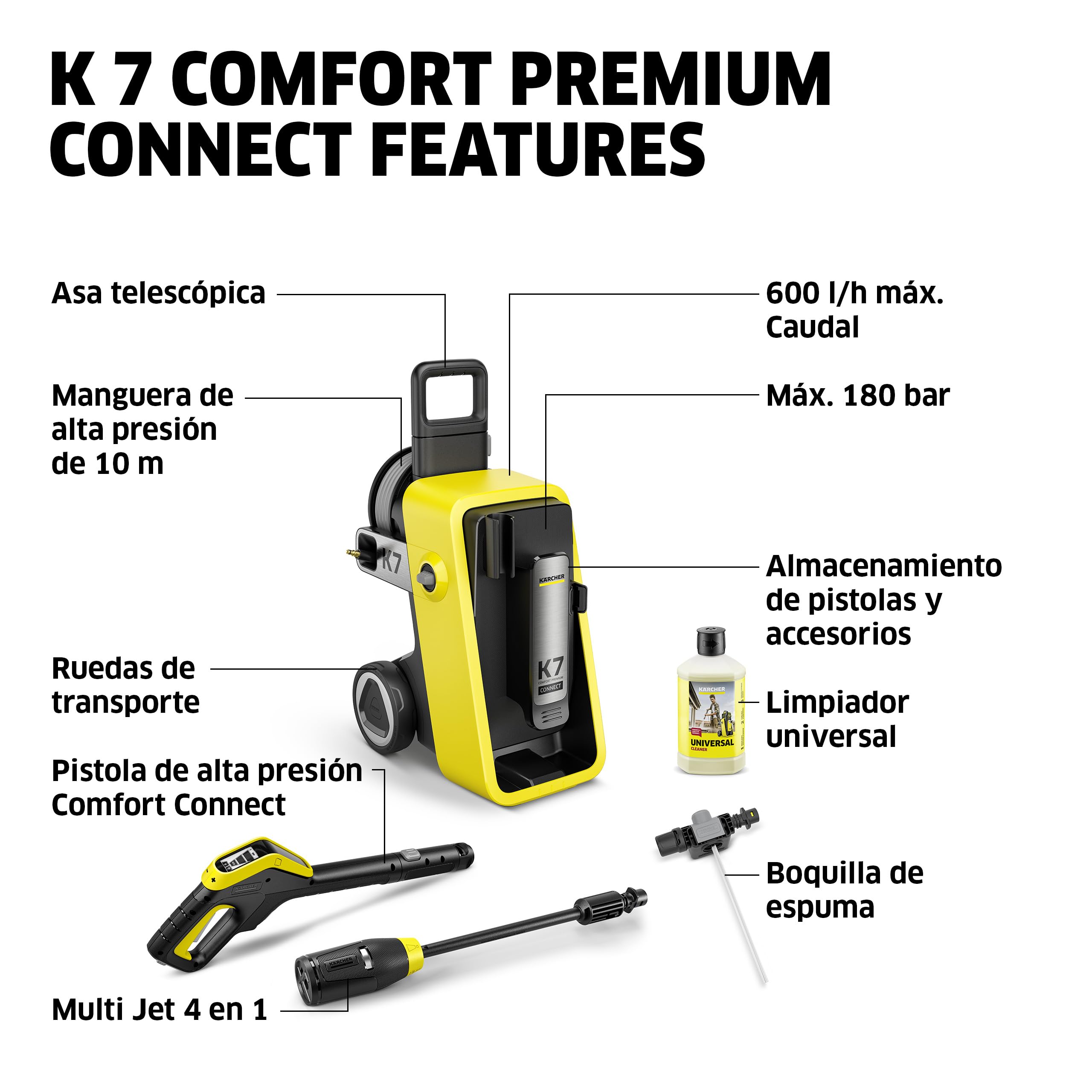 Kärcher hidrolimpiadora K 7 Comfort Premium Connect, presión: máx. 180 Bar, caudal: 600 l/h, área: 60 m²/h, Manguera de Alta presión, Tambor para Manguera, Control Mediante App