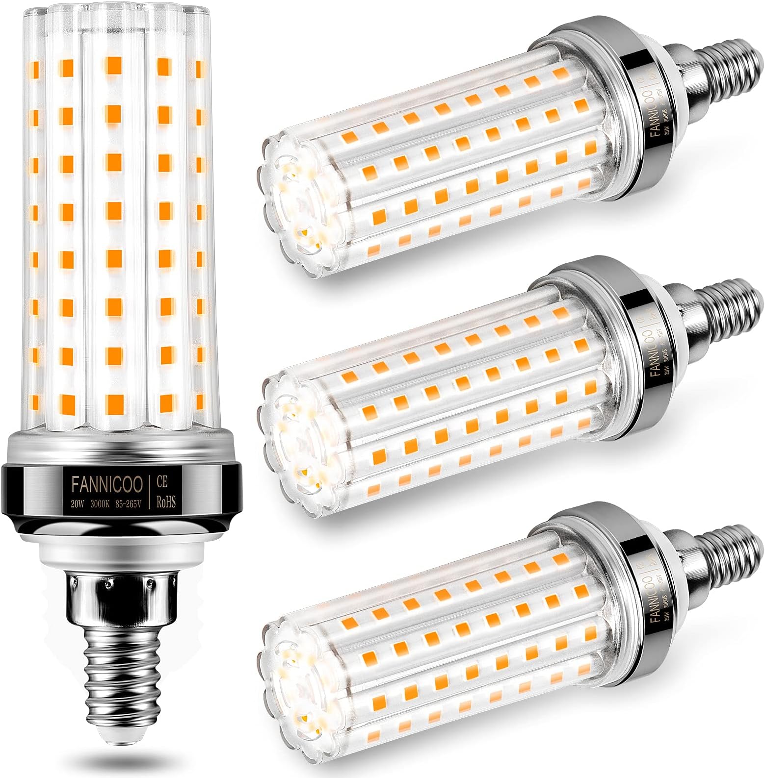 FanNicoo E12 LED Bulbs,20W LED Corn Light Bulb 150W Equivalent 2500 Lumen 3000K Warm White Non-dimmable LED Candelabra Bulbs Pack of 4