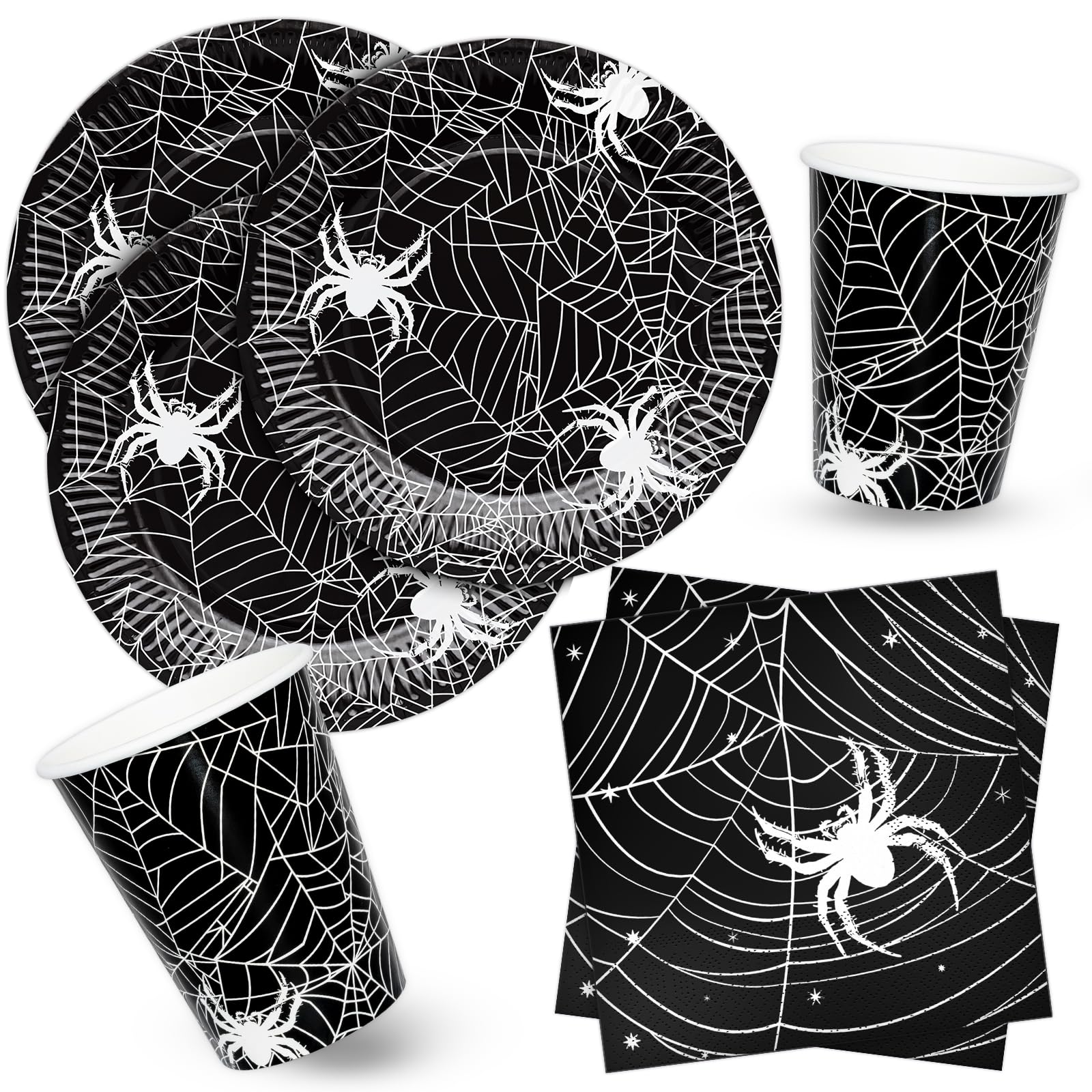 BFB Halloween Spider Black Party Paper Plates Set Disposable for 16 Preson
