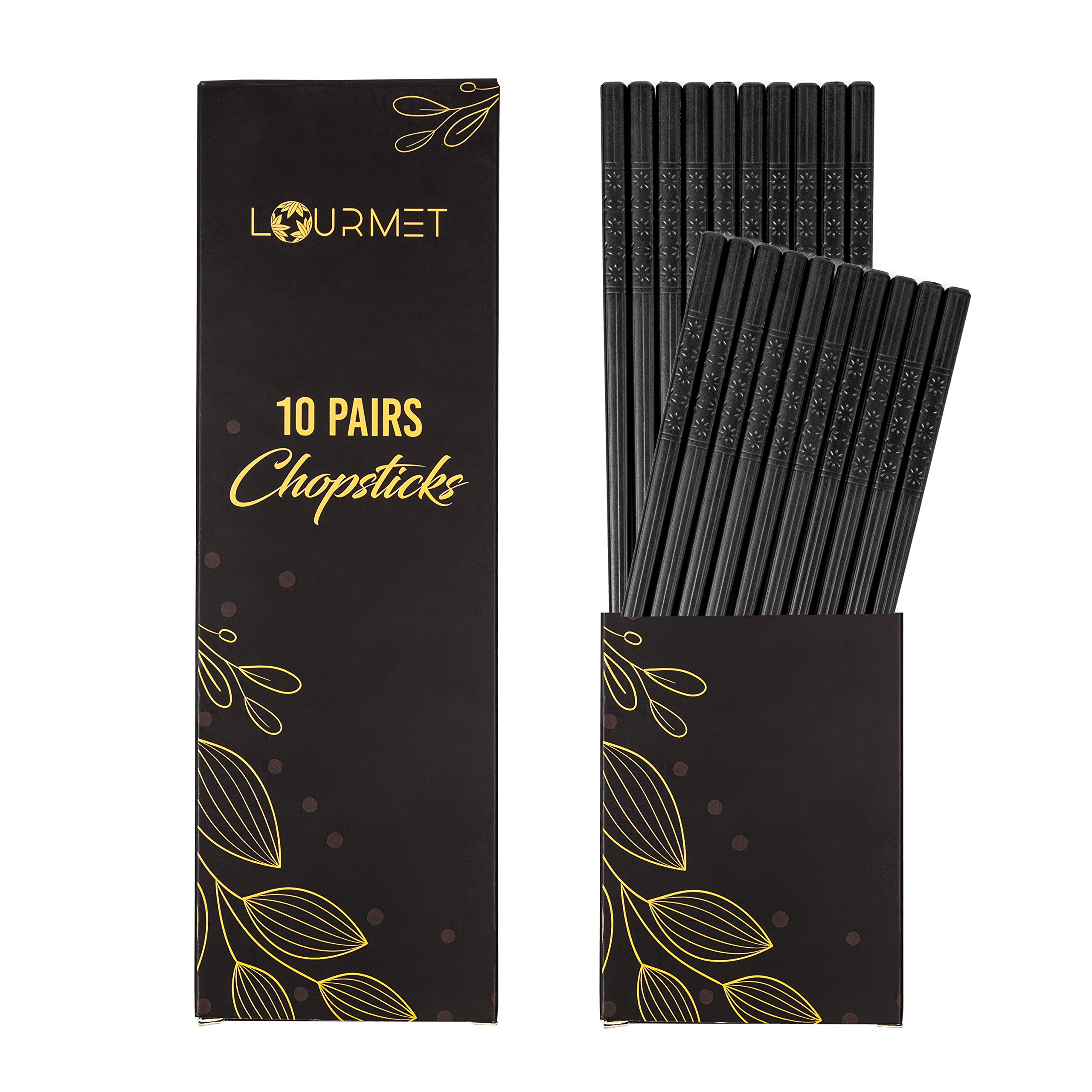 Lourmet 10 Pairs Fiberglass Chopsticks - Reusable Chopsticks Dishwasher Safe, Chinese, Japanese Chopsticks, Non Slip, 9 1/2 inches - BLACK