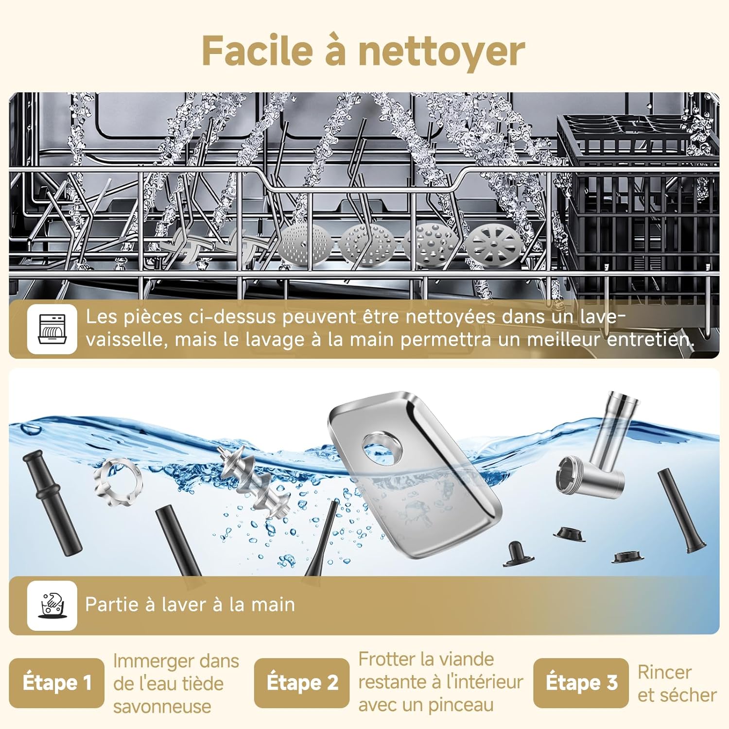Cleaning instructions for meat grinder parts, showing dishwasher safe and hand wash components