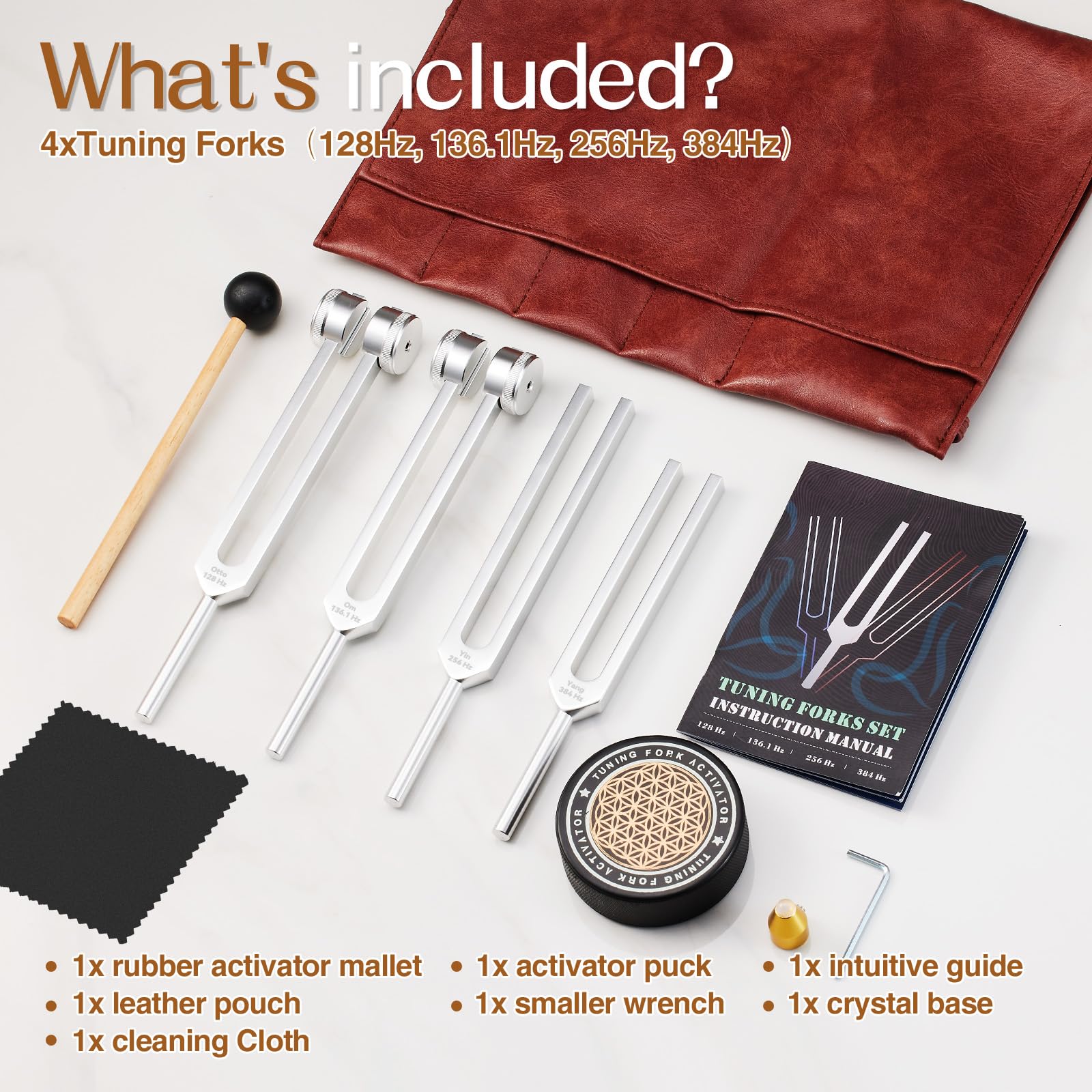 Sound Healing Tuning Fork Set - Tuning Forks for Chakra Alignment & Stress Relief – Otto 128Hz, Earth Om 136Hz, Yin 256Hz, Yang 384Hz, Activator & Pouch – Ideal for Meditation & Home Therapy
