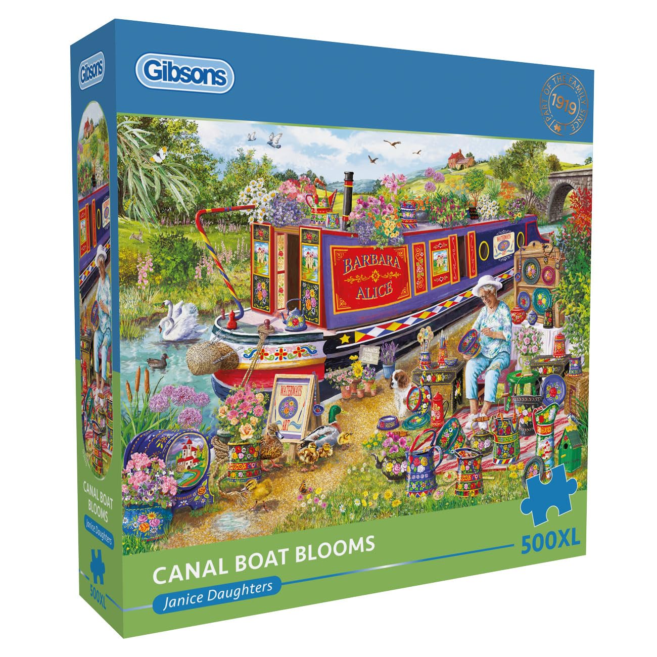 Gibsons Canal Boat Blooms 500XL Jigsaw Puzzle for Adults – Extra Large Pieces – River Scene Artist's Artwork by Janice Daughters – Sustainable Paper Packaging, Premium Quality Puzzle - Great Gift — image 1