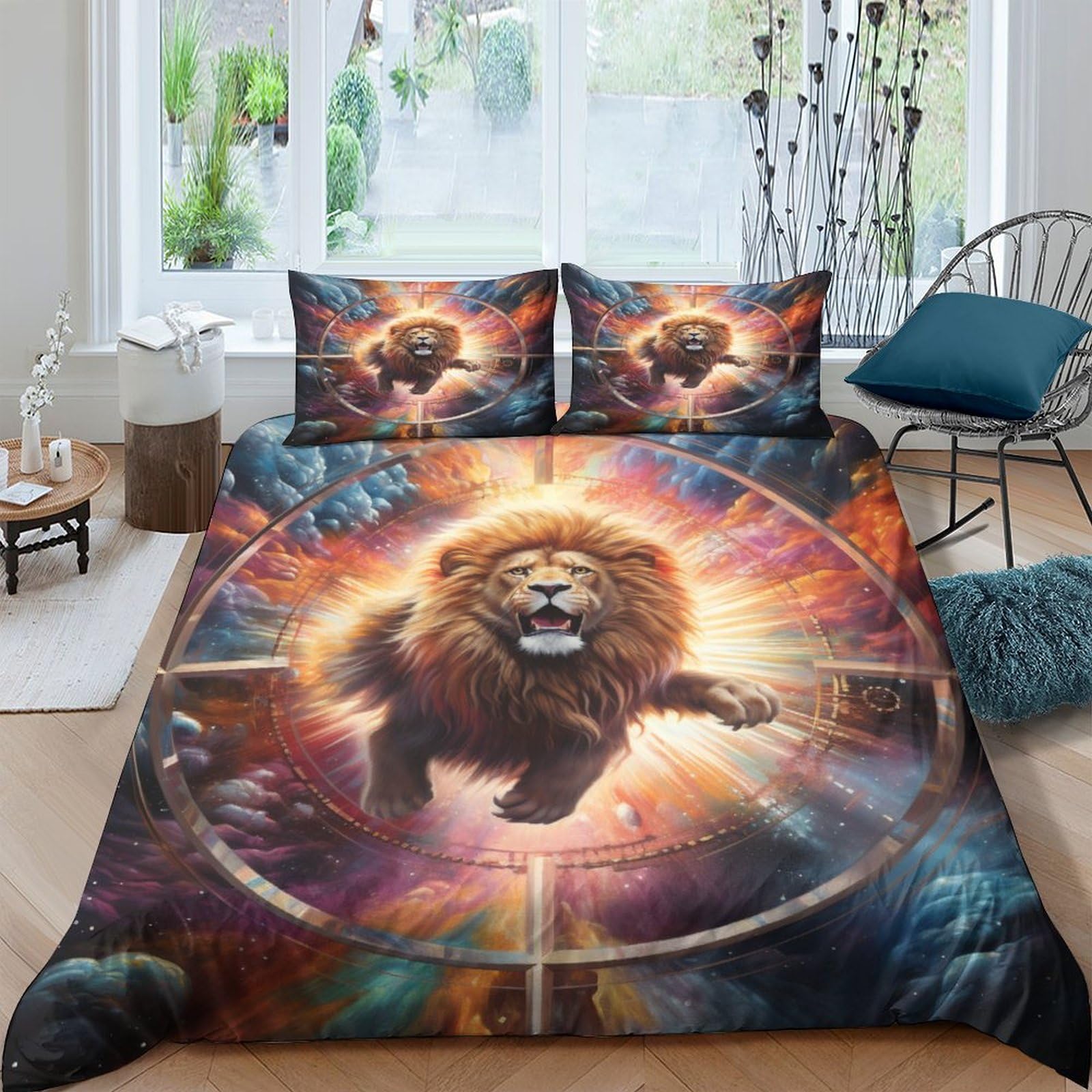 Housse de couette lion 3D avec taies d'oreiller pour lit double et enfant