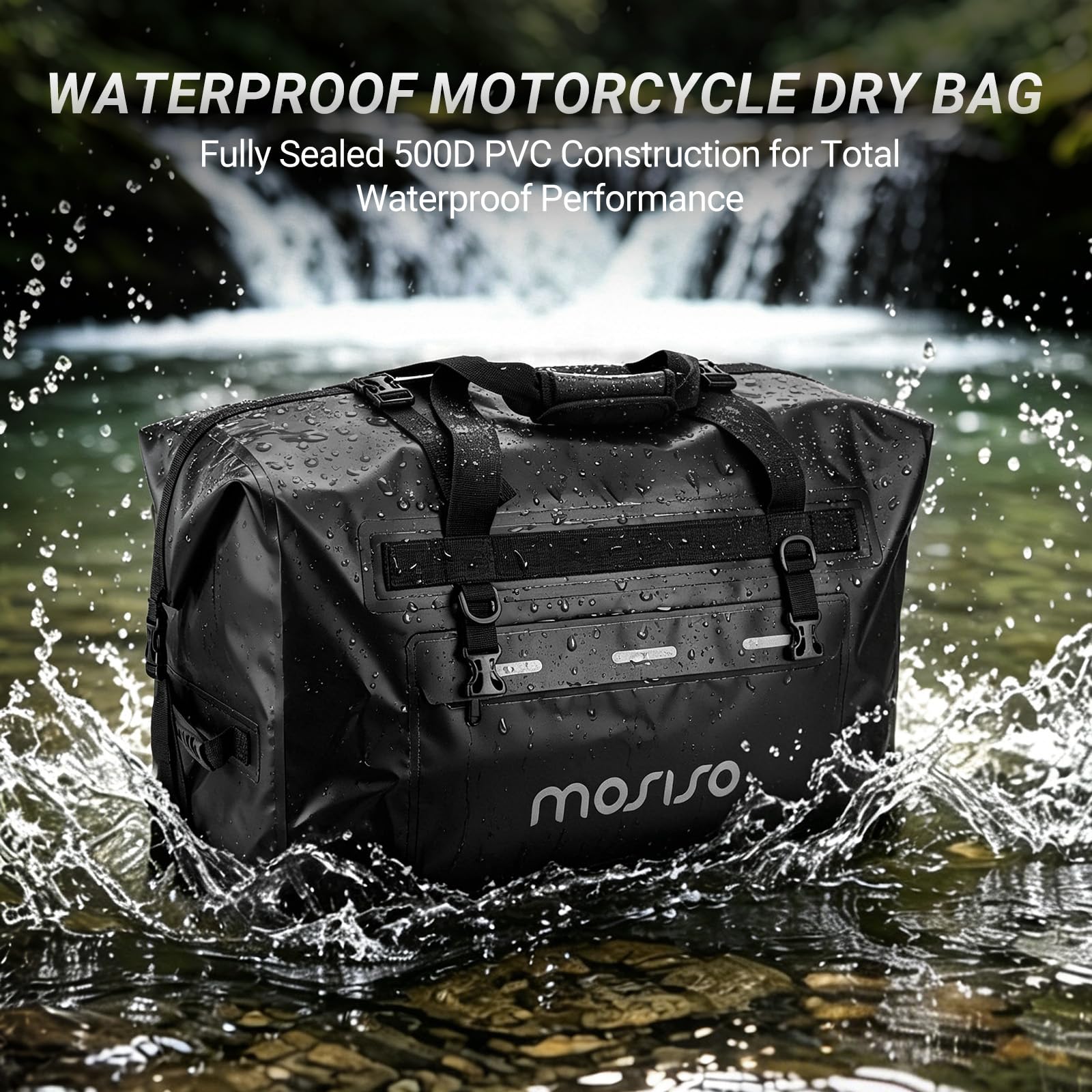 MOSISO Sac Moto Imperméable 60L, Grand Sac Coffre Arrière avec Bandoulières, Poches Zippées, 4 Sangles à Dégagement Rapide pour Moto Voyage Camping, Fermeture Enroulée, Noir