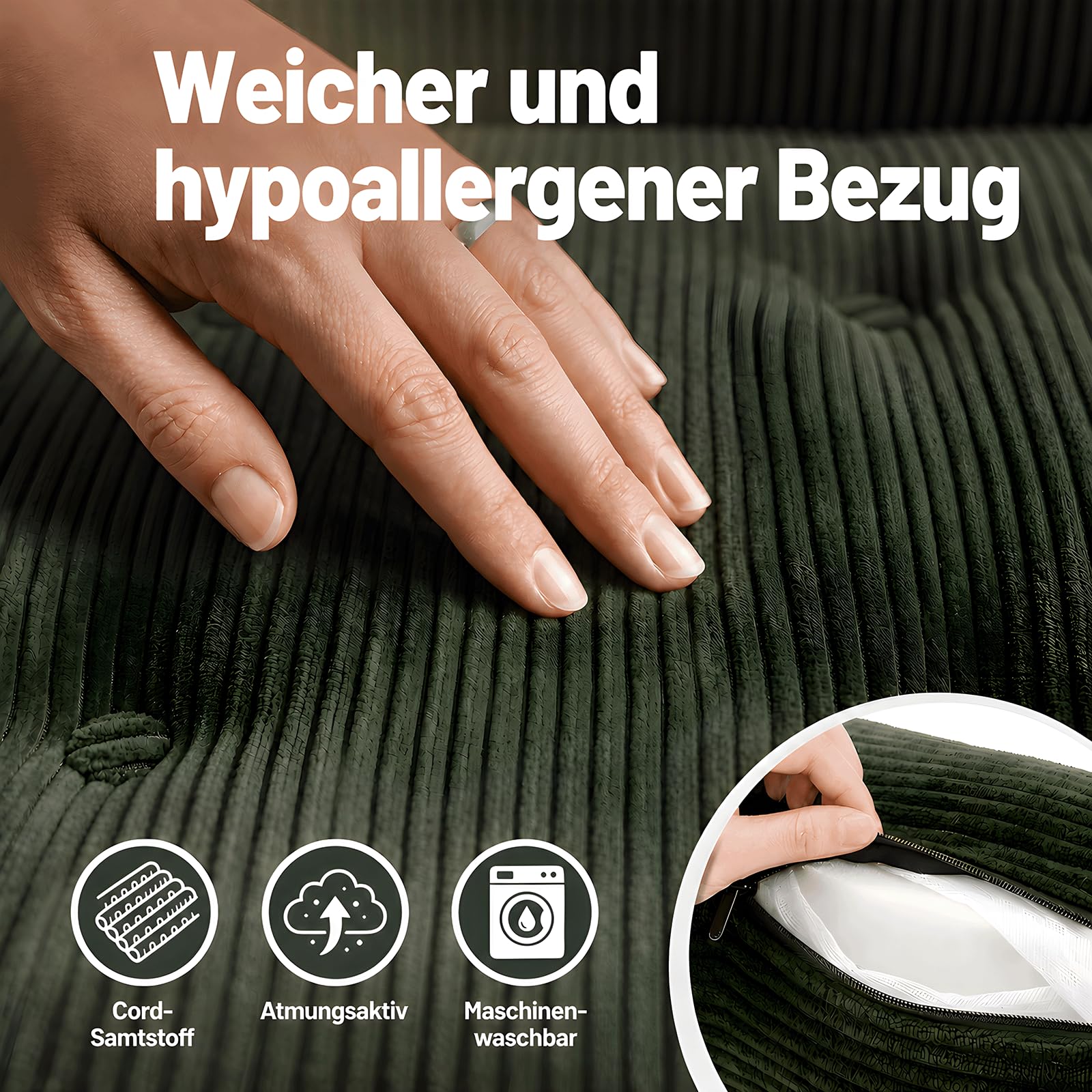 Fabulcozy Wandelbares Sofa 4 in 1, klappbarer Sessel mit Seitentasche, Komfortschaum, Cordbezug, Kissen und Kopfstütze, für Wohnzimmer oder kleine Räume,Grün