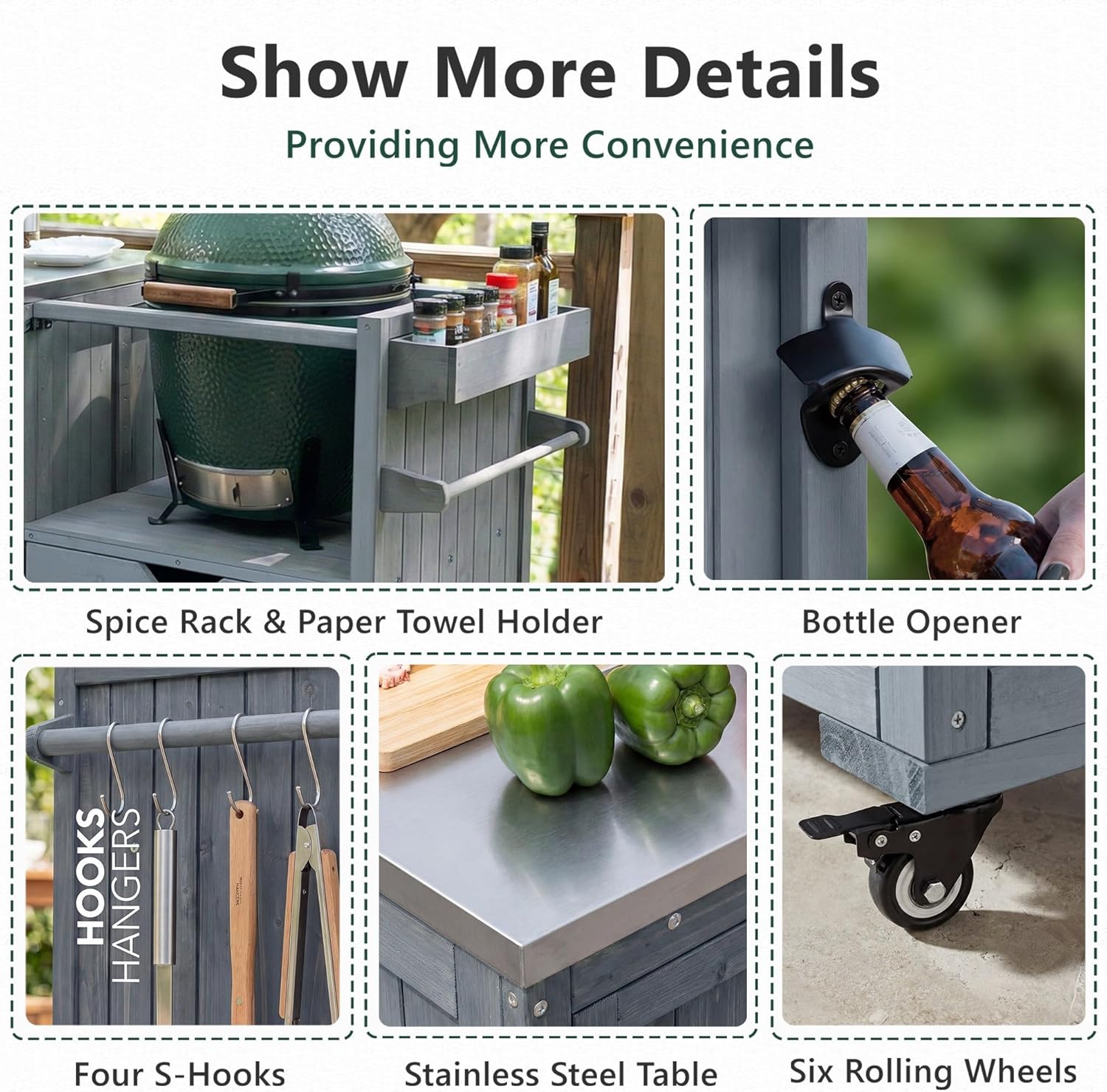 Merax 80.5" Outdoor Kitchen Island for Big Green Egg& Blackstone Griddle,Solid Wood Grill Cart Table with Stainless Steel Top,Drawer for Large Big Green Egg and 21"/28" Blackstone Griddle,Grey Blue