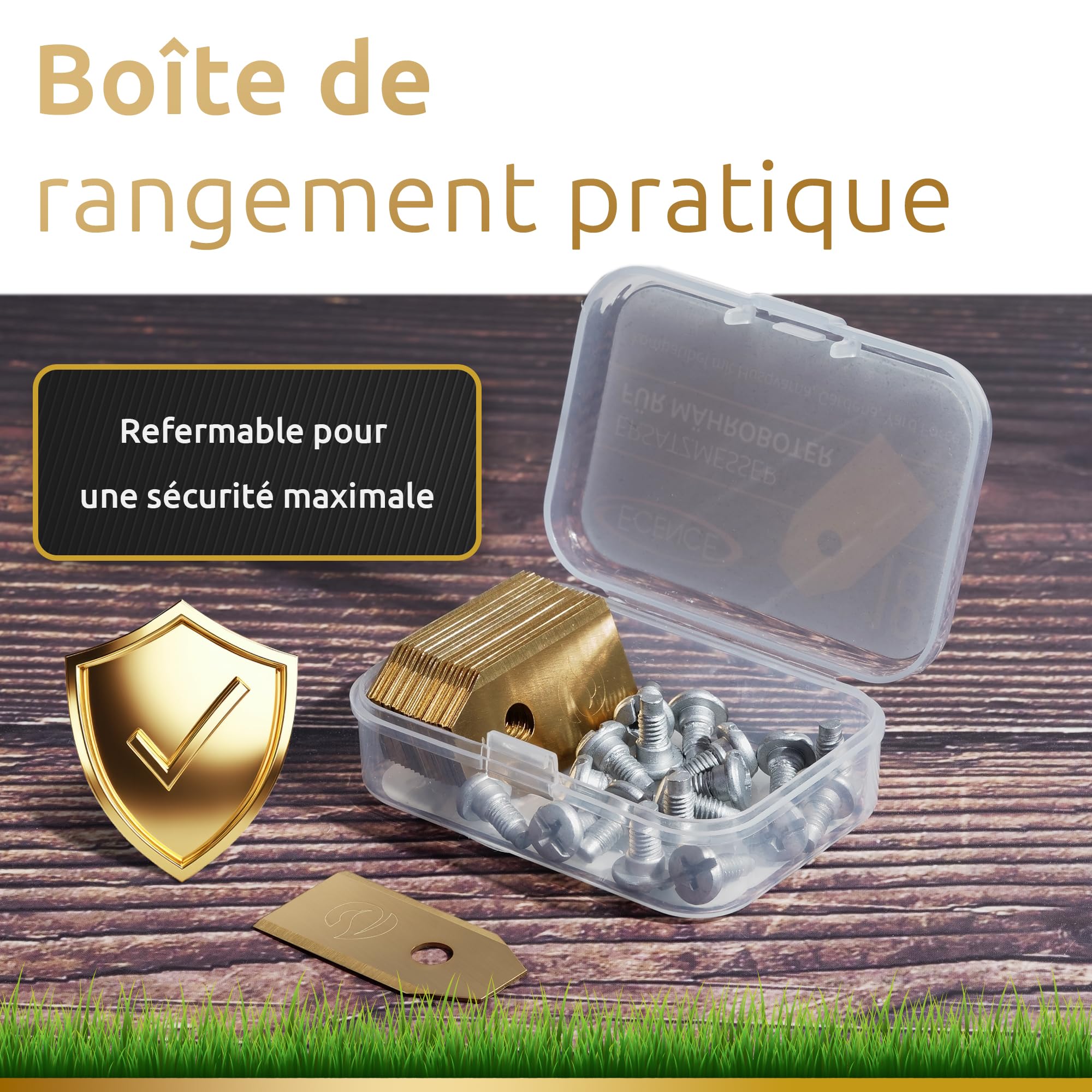 ECENCE 60 Lames Robot Tondeuse avec revêtement en Titane, vis incluses - compatibles avec Husqvarna Automower, Gardena, McCulloch Rob, Flymo, Yardforce, Lames de Rechange