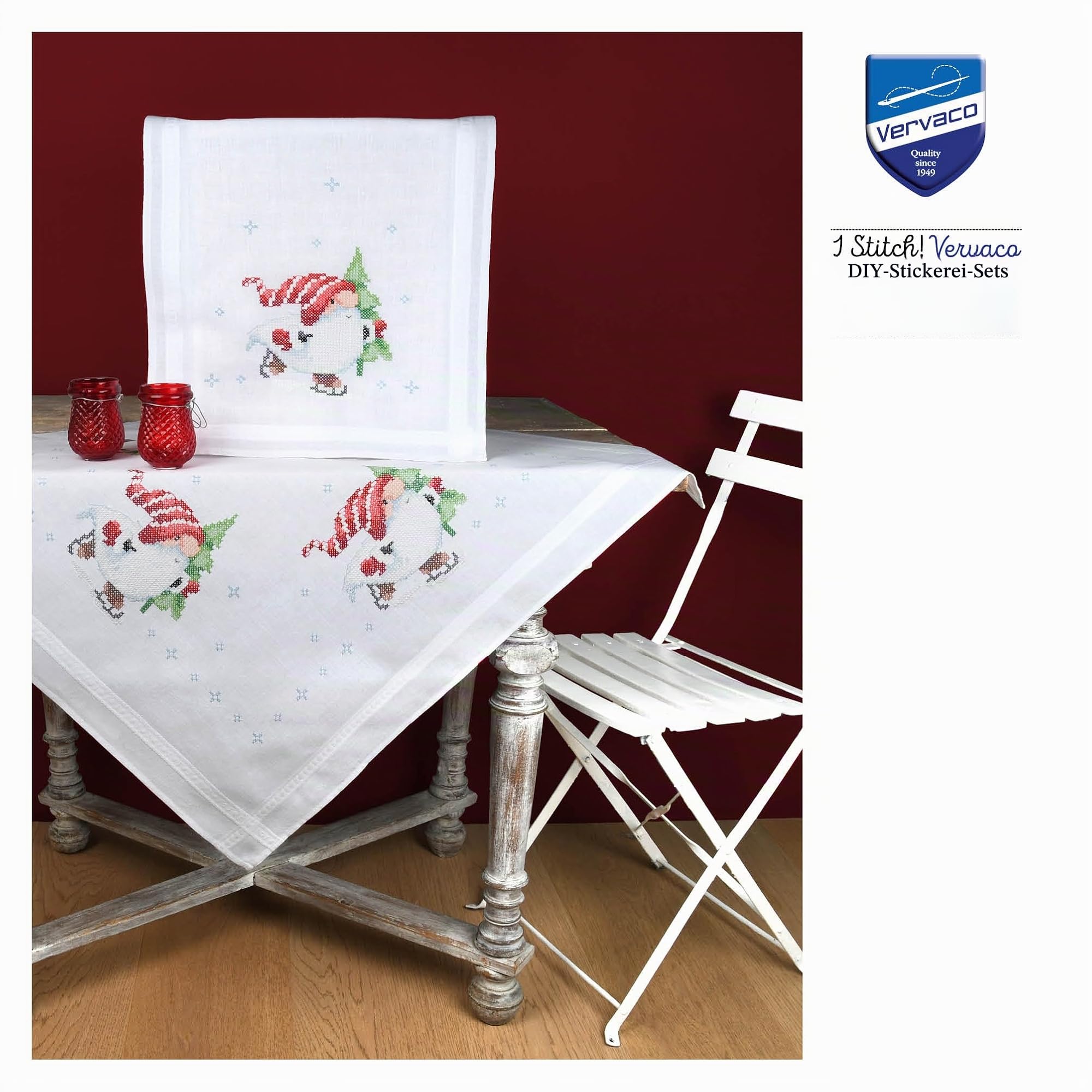 Vervaco Kreuzstich Stickpackungen Tischdecke Weihnachtsgnome Stickdecken Vorgezeichnet Basteln Erwachsene Kreativ Set Vorgedruckte Decke Sticken 80 x 80 cm Stickset DIY Sticken Set