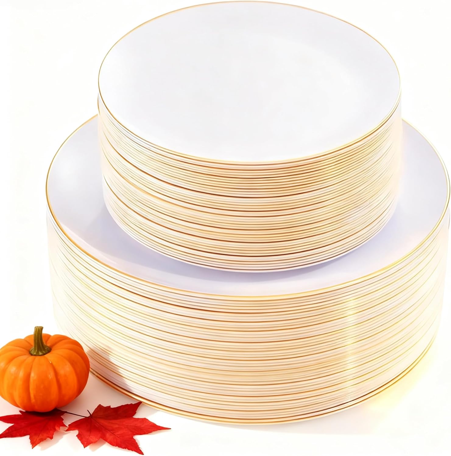KIRE 100PCS Disposable Plates - White with Gold Rim for Thanksgiving Party/Wedding - Includes 50Pieces 10.25inch Dinner and 50Pieces 7.5inch Dessert/Salad Plates Gold 100 PCS