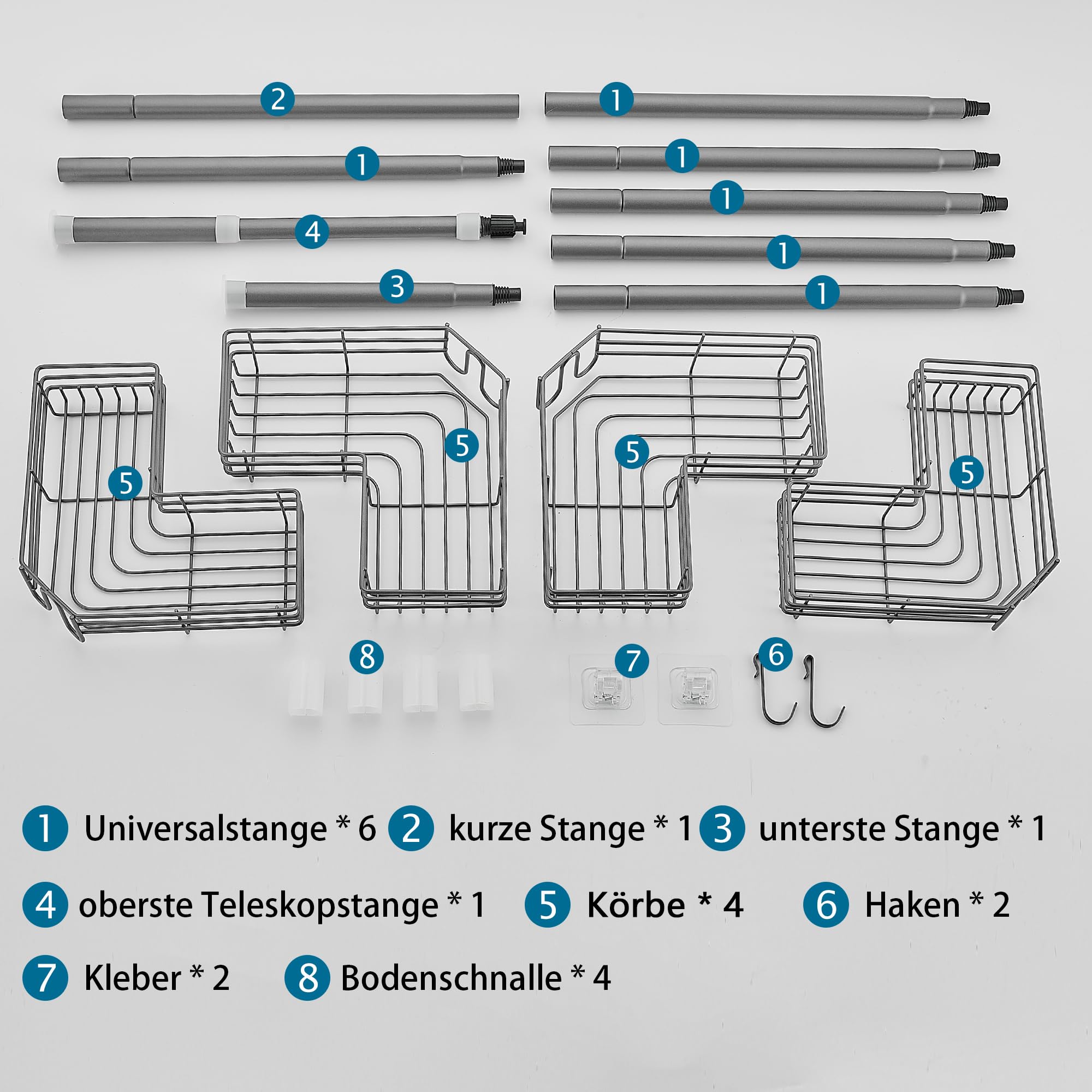 Duschablage ohne Bohren Teleskop Duschregal Metall Eckregal Badregal mit 4 Duschkörben, Höhenverstellbar 85-325cm, geeignet für Badewanne Badezimmer und Küche, Grau