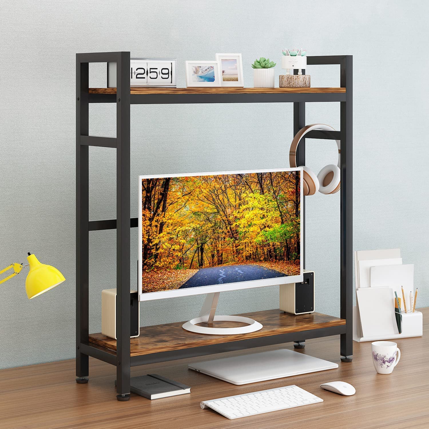 Indian Decor 28640 Desktop Bookcase for Computer Desk, 2-Tier Multipurpose Wood Countertop Hutch Bookshelf, Display Shelf Rack Organizer for Dorm Office Home