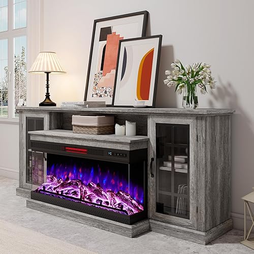 Miniatura 24 de Soporte de TV con chimenea eléctrica de vidrio de 3 lados, centro de entretenimiento multimedia de 59 pulgadas con gabinete de almacenamiento de