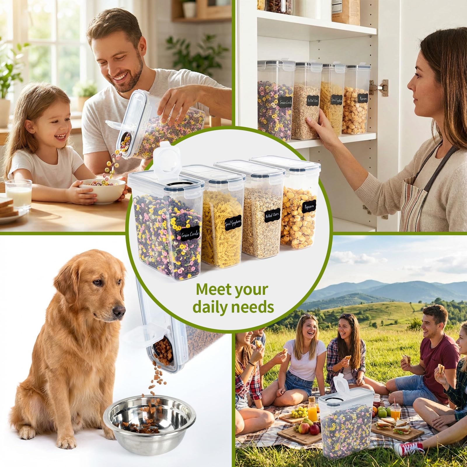 OTraki 4 Pezzi Contenitori Ermetici Per Alimenti Con Coperchio,4L Contenitori Alimentari per Cereali Senza BPA Contenitori Pasta Dispensa,Contenitori Cucina Organizer per la Conservazione Per Cereali