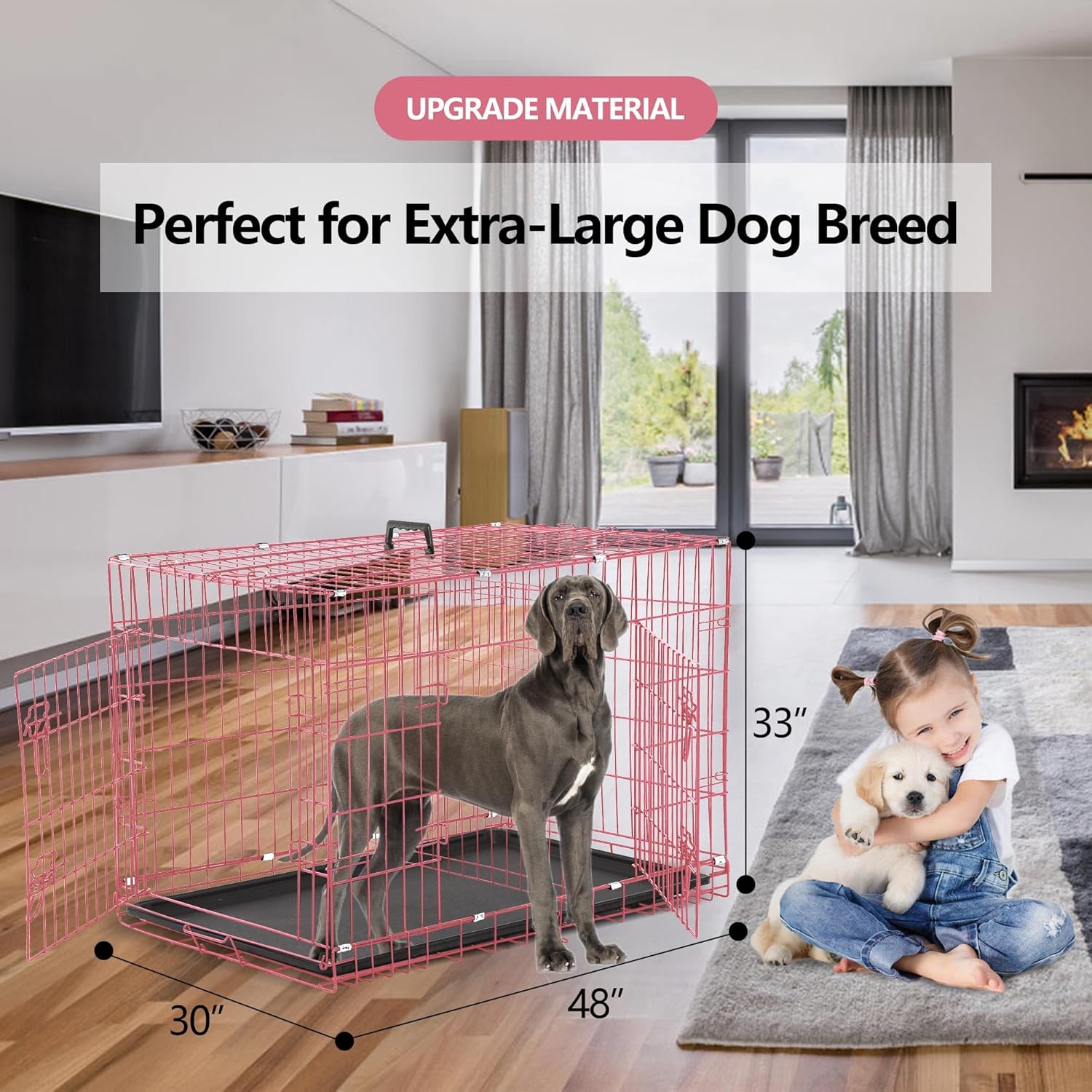 Large Crate, 48 Inch for Large Dogs, Folding Metal Puppy Cage XXL With Tray, Indoor Outdoor Kennel, Double Door and Divider Panel, 48" L x 30" W x 32" H, Pink