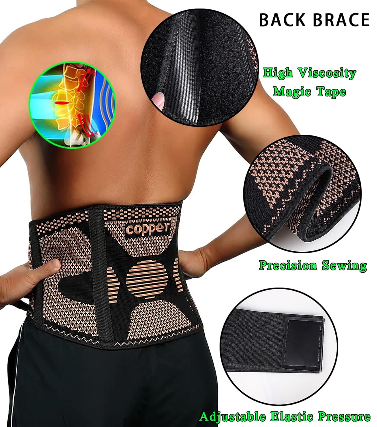 Breathable Lower Back Brace with 4 Stays, Plus Size Lumbar Support Belt for Back Pain Relief with Removable Compression Straps, Back Braces for Herniated Disc, Sciatica,Heavy Lifting
