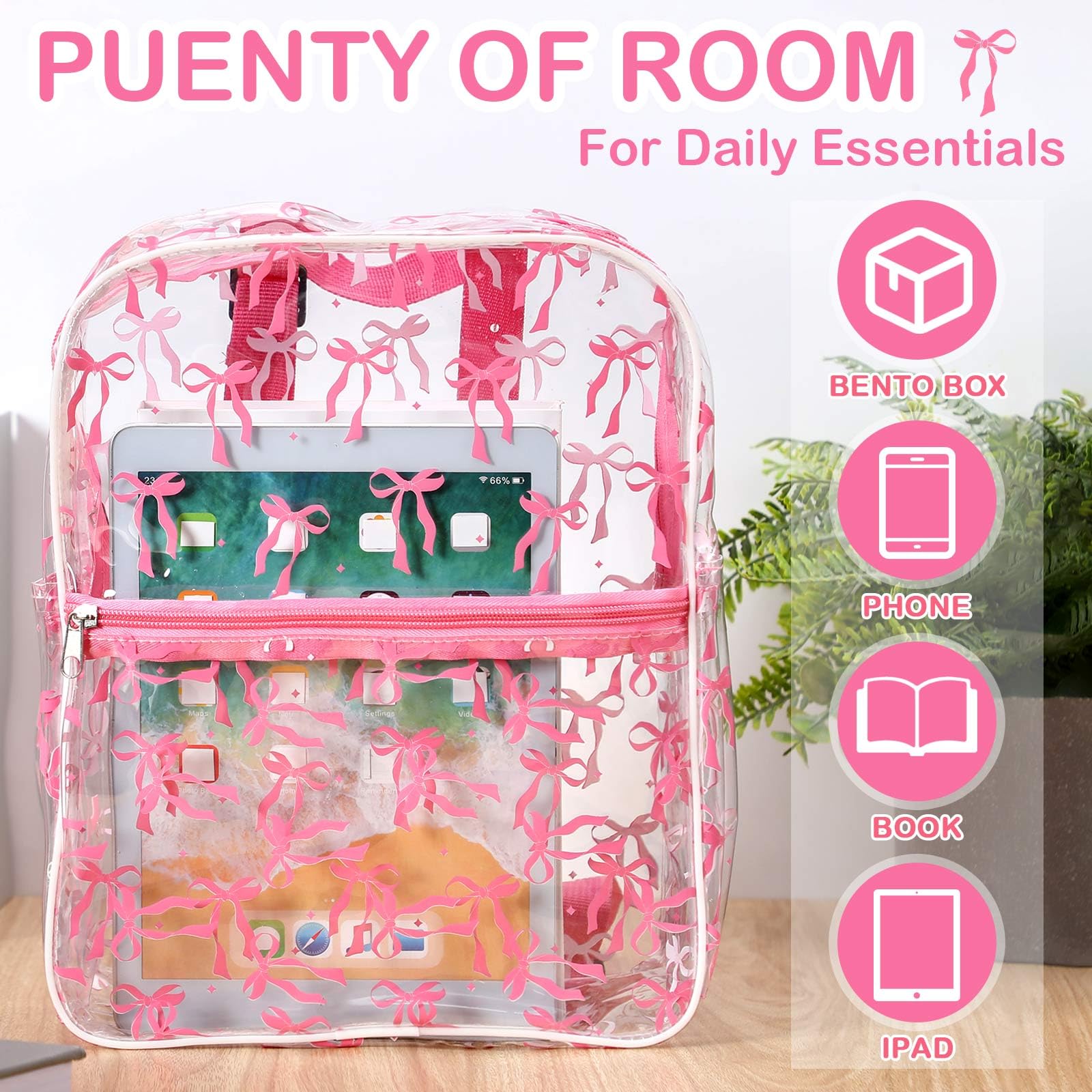 Aliceset Coquette Pink Bow Backpack Stadium Approved 12x6x12 Small Water Proof Pink Clear Backpack for Back to School Girl Women Stadium Events Concert Work Sport Event Travel