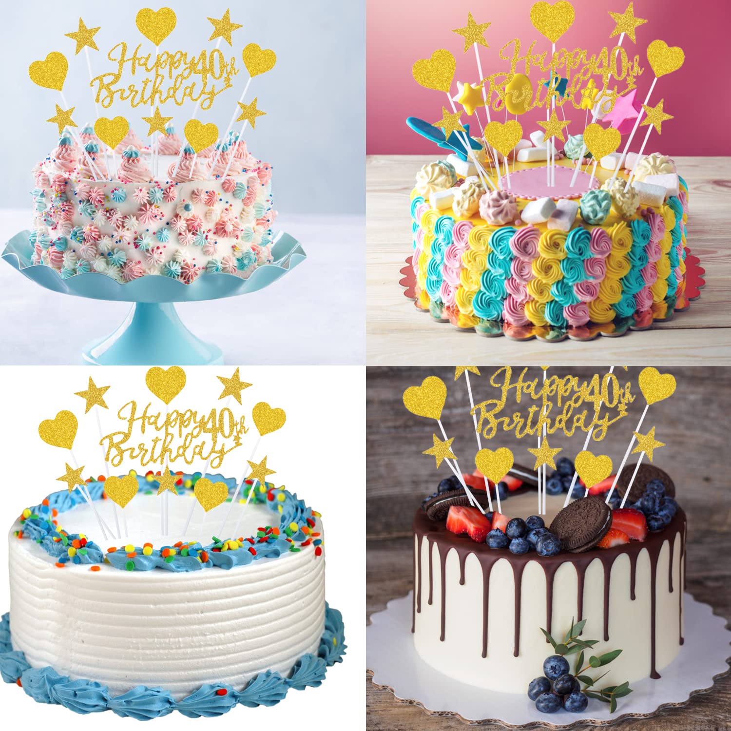 40 Glitzer Schneeflocken Cake Topper – In 4 Farben (silber, Blau, Gold, Rot) – 5,2 Cm, Mit Bambusstab – Für Geburtstag, Dessert-Deko