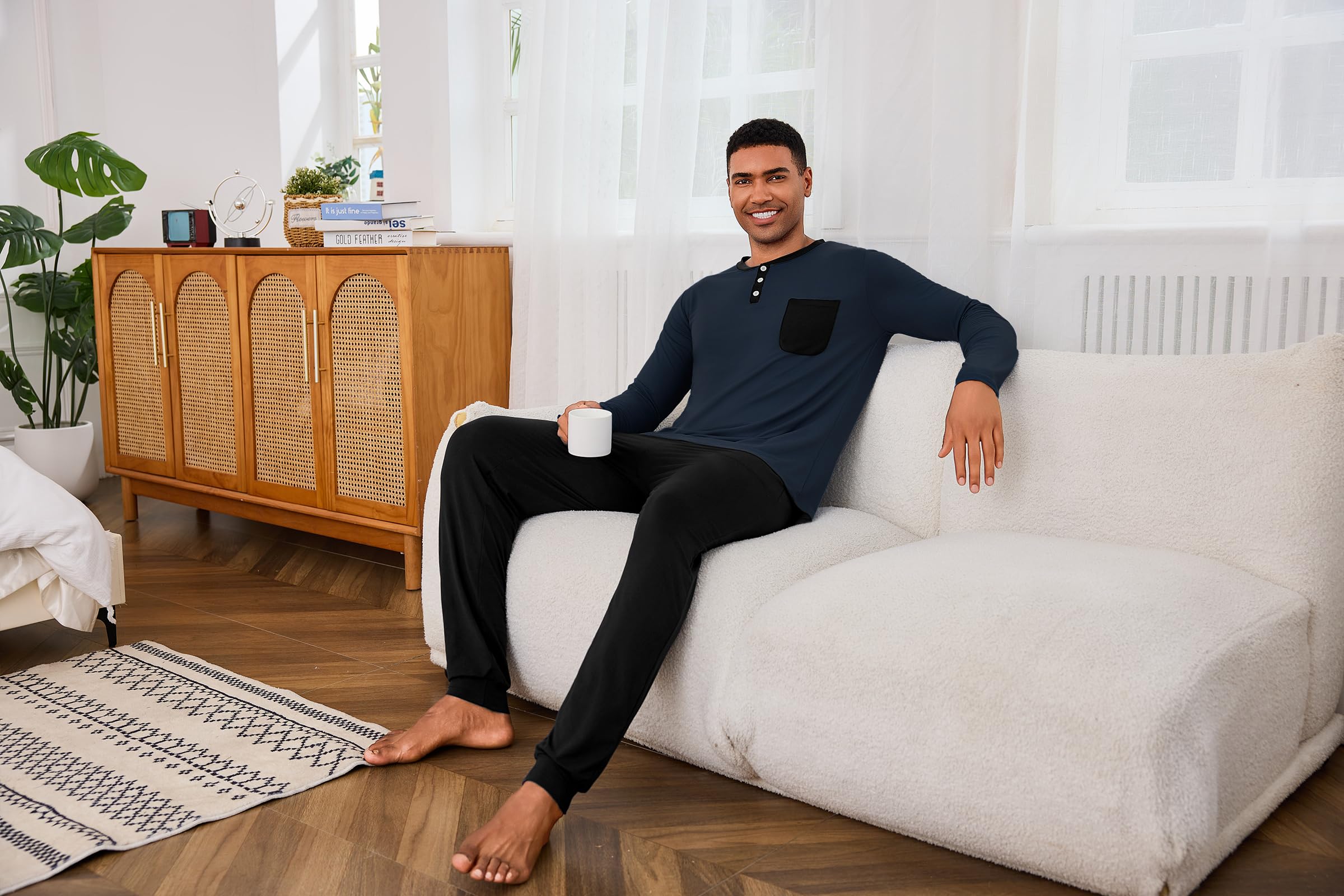 Uniexcosm Pigiama Uomo Cotone Lungo Pigiama A Due Pezzi da Uomo Abbigliamento da Casa