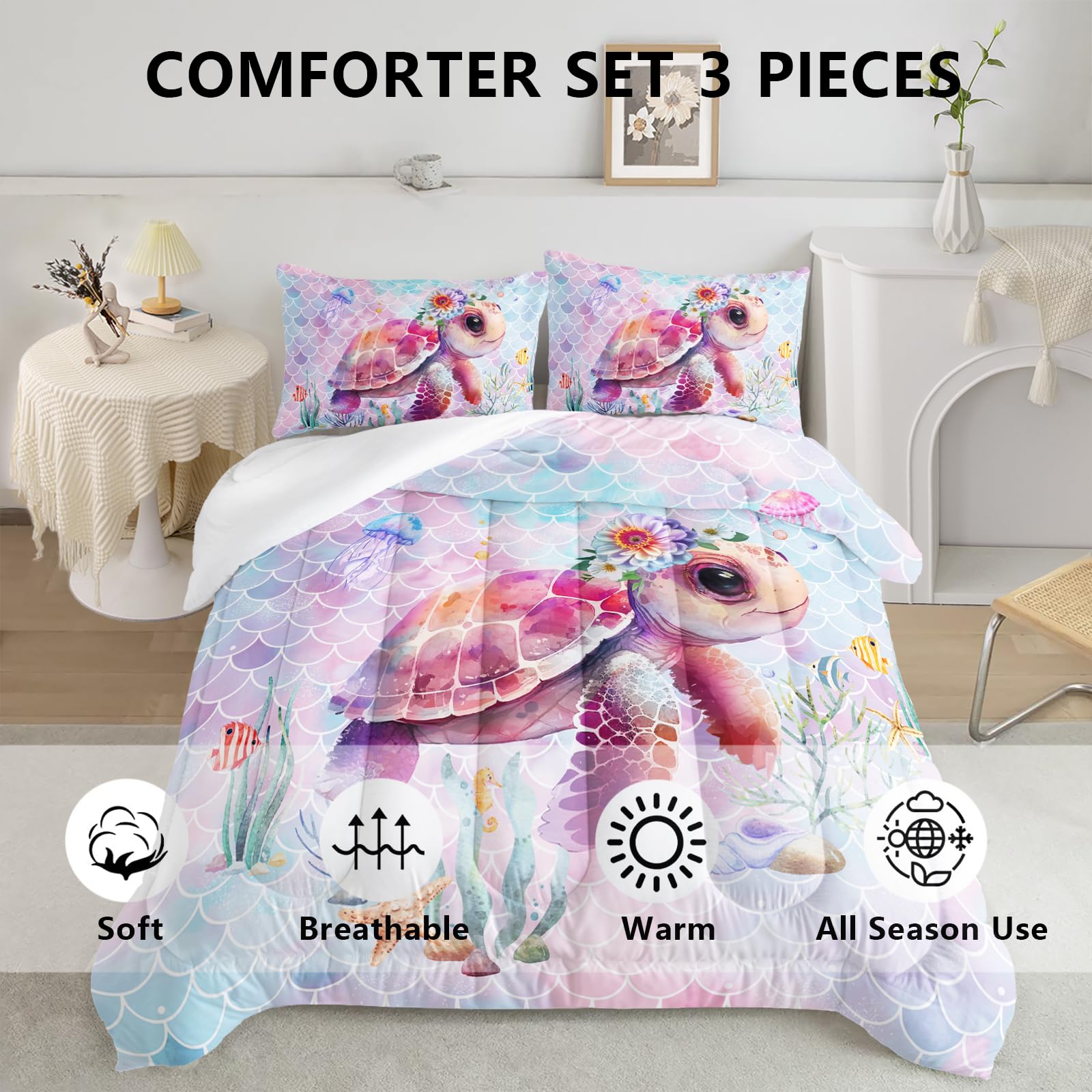 Kids Turtle Comforter Set Full Size | Purple Ocean Theme Bedding | Includes 2 Pillowcases | Microfiber Material