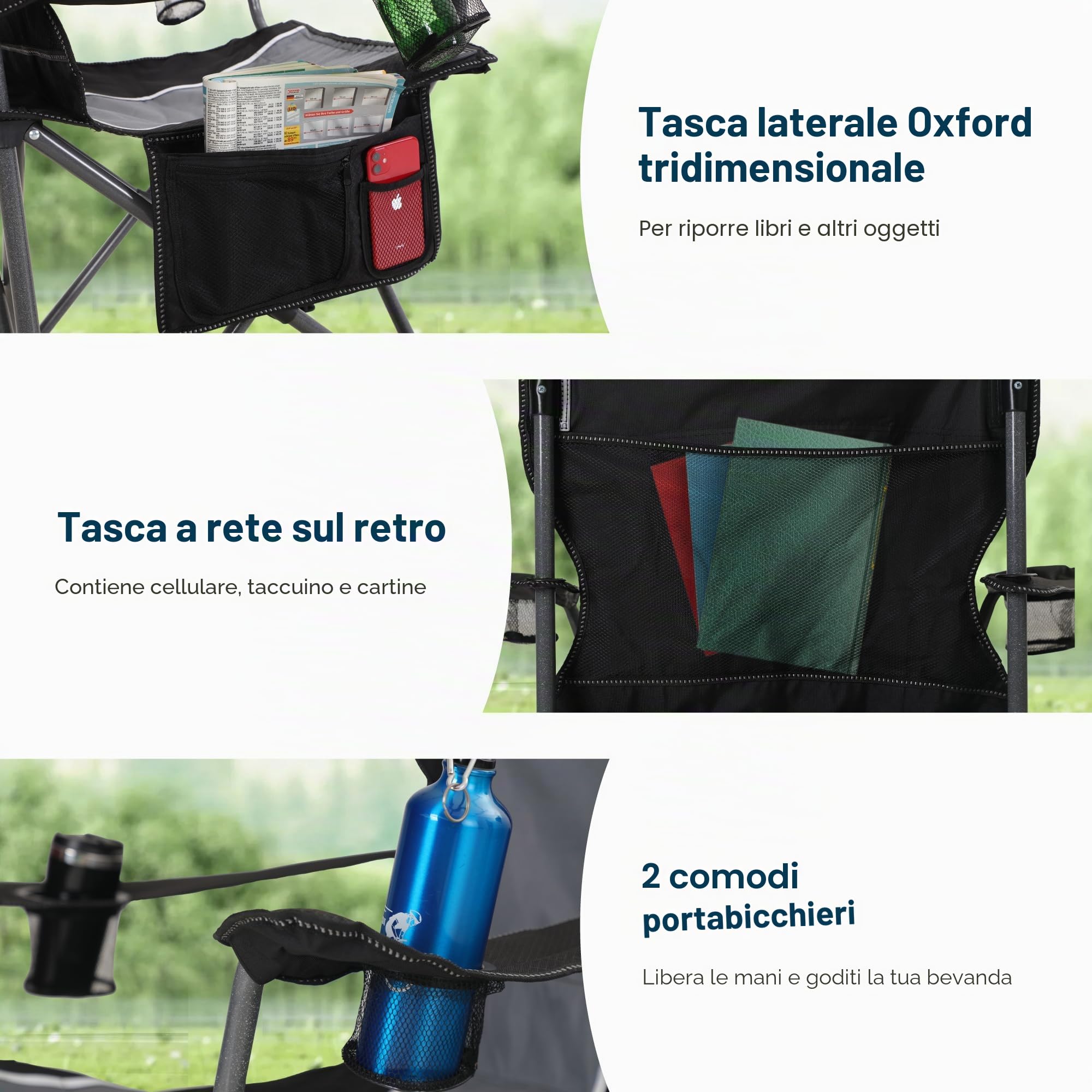 HIGH POINT SPORTS Sedia Pieghevole da Campeggio Nero-Grigio 160KG Sedia da Campo Portatile e Resistente con Portabicchieri Sedia da Pesca